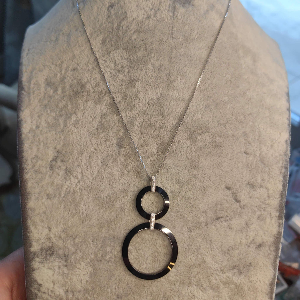 Art Deco Round Black Onyx Diamond Solid 18k White Elegant Statement Gold Pendant Necklace Vintage Charm Gift for Her