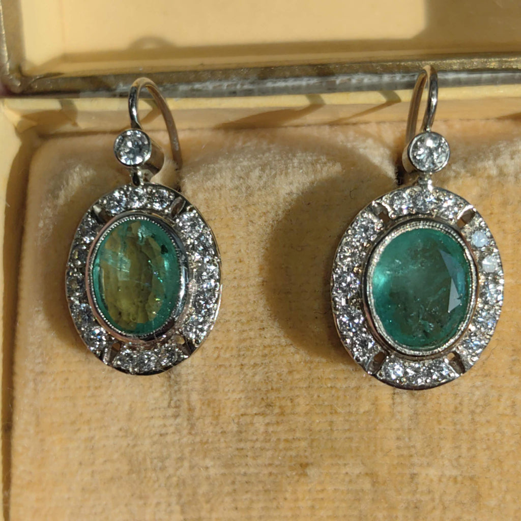 Mid Century 1950s Genuine High Quality Green Emeralds and Diamond Earrings  14k Solid White Gold Sleepers Dangle Earrings gift for her