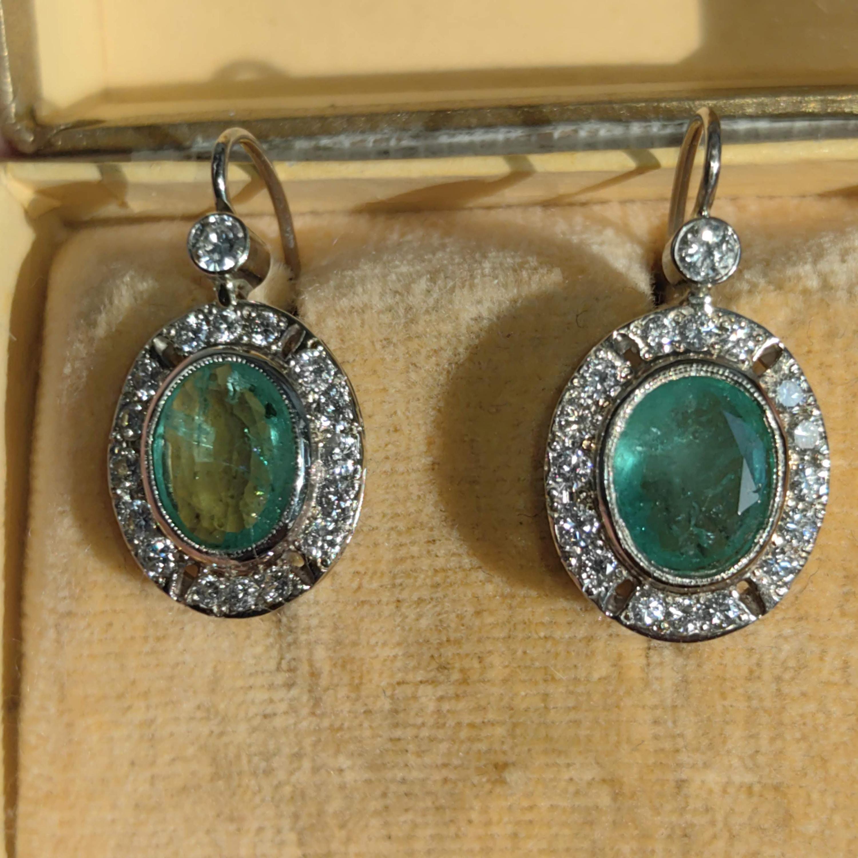 Mid Century 1950s Genuine High Quality Green Emeralds and Diamond Earrings  14k Solid White Gold Sleepers Dangle Earrings gift for her