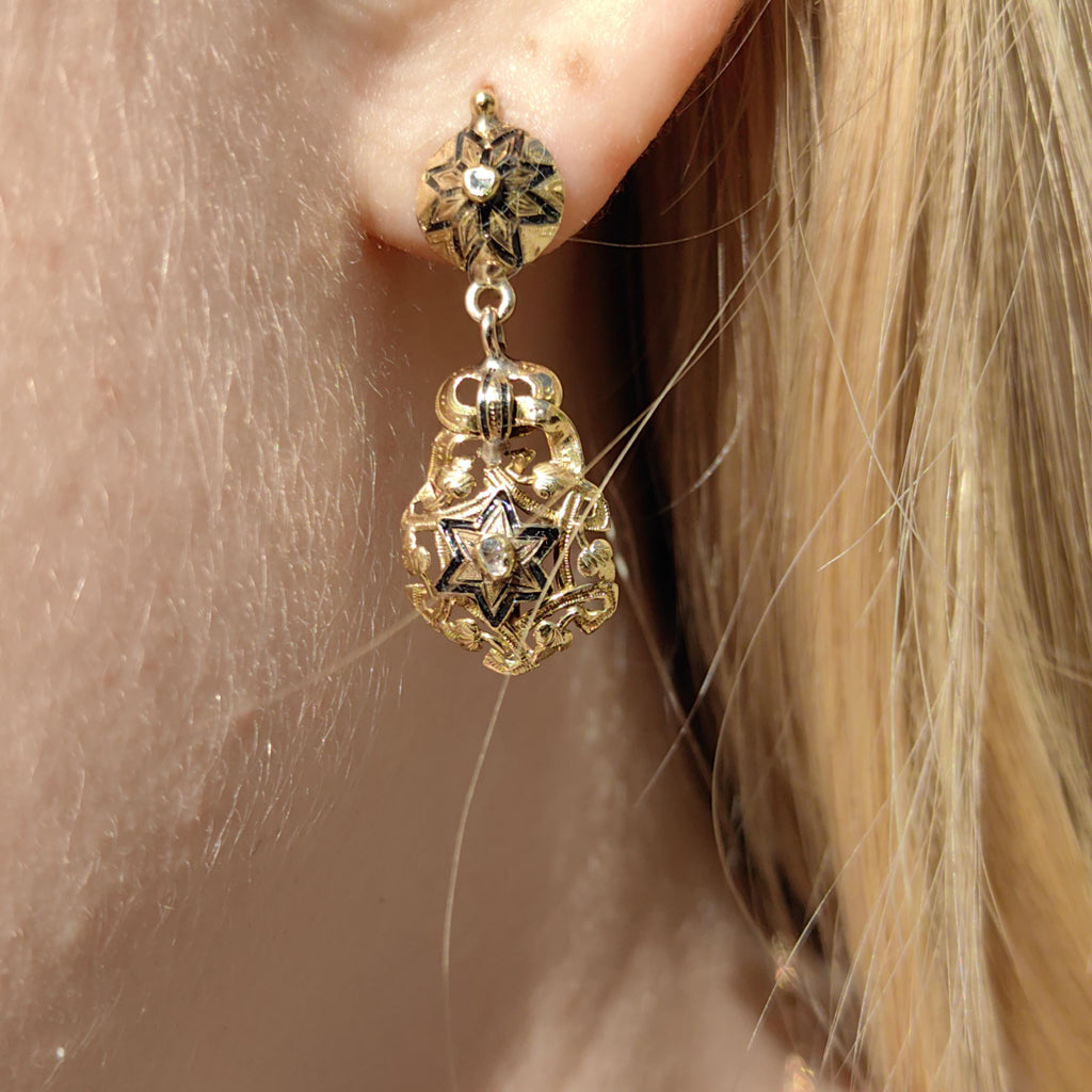 Victorian 18k Gold Diamond David Star Dangle Earrings: Black Enamel Judaica