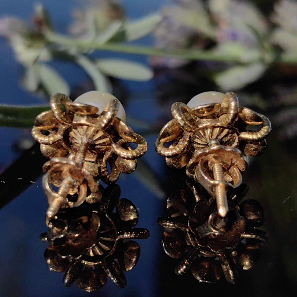 Victorian 18k Gold Pearl Earrings: Enamel Flower Studs