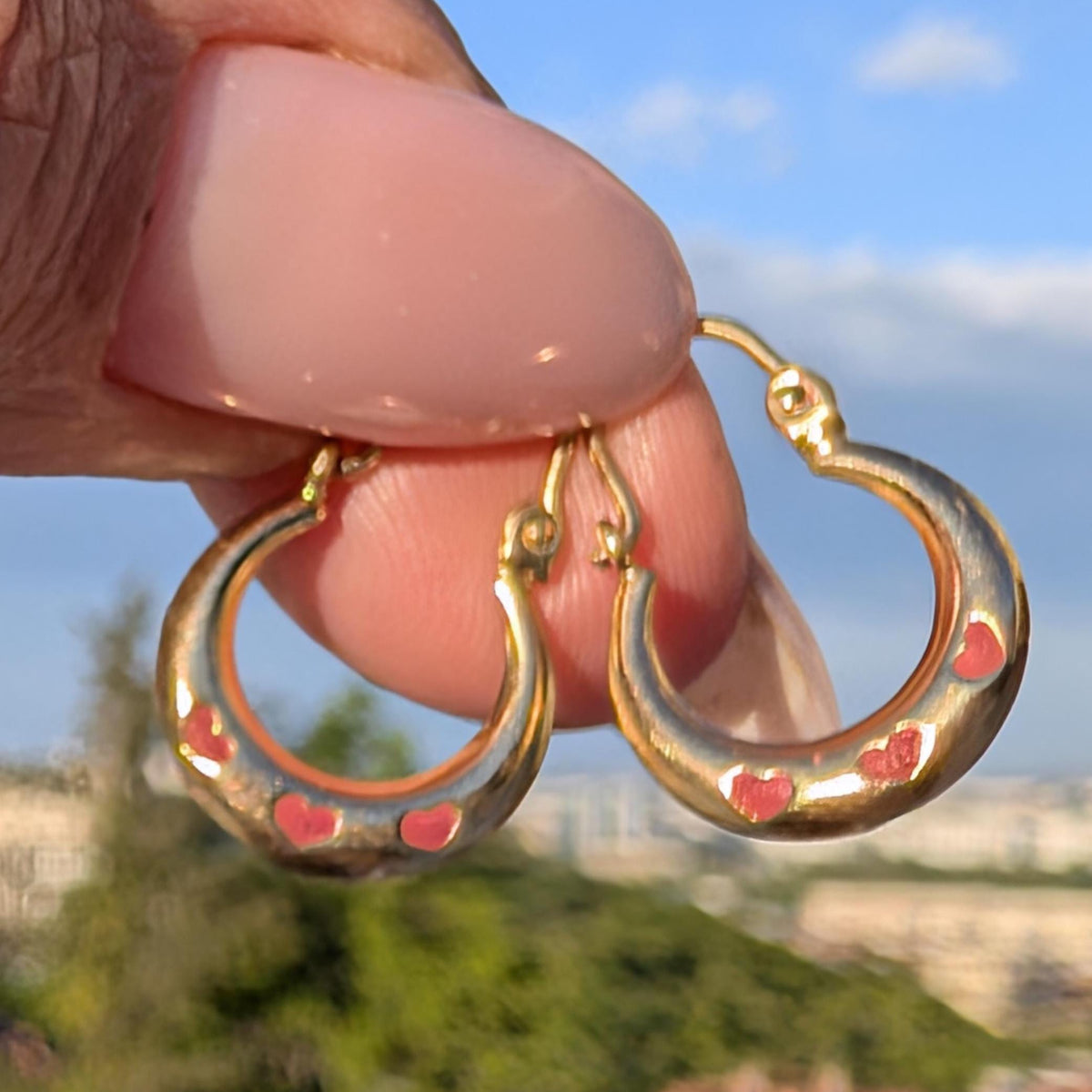 Vintage 1980s 14k Yellow Gold Puffed Hoop Earrings, Pink Enamel Heart Creole Gypsy Dangles, Gift for Her