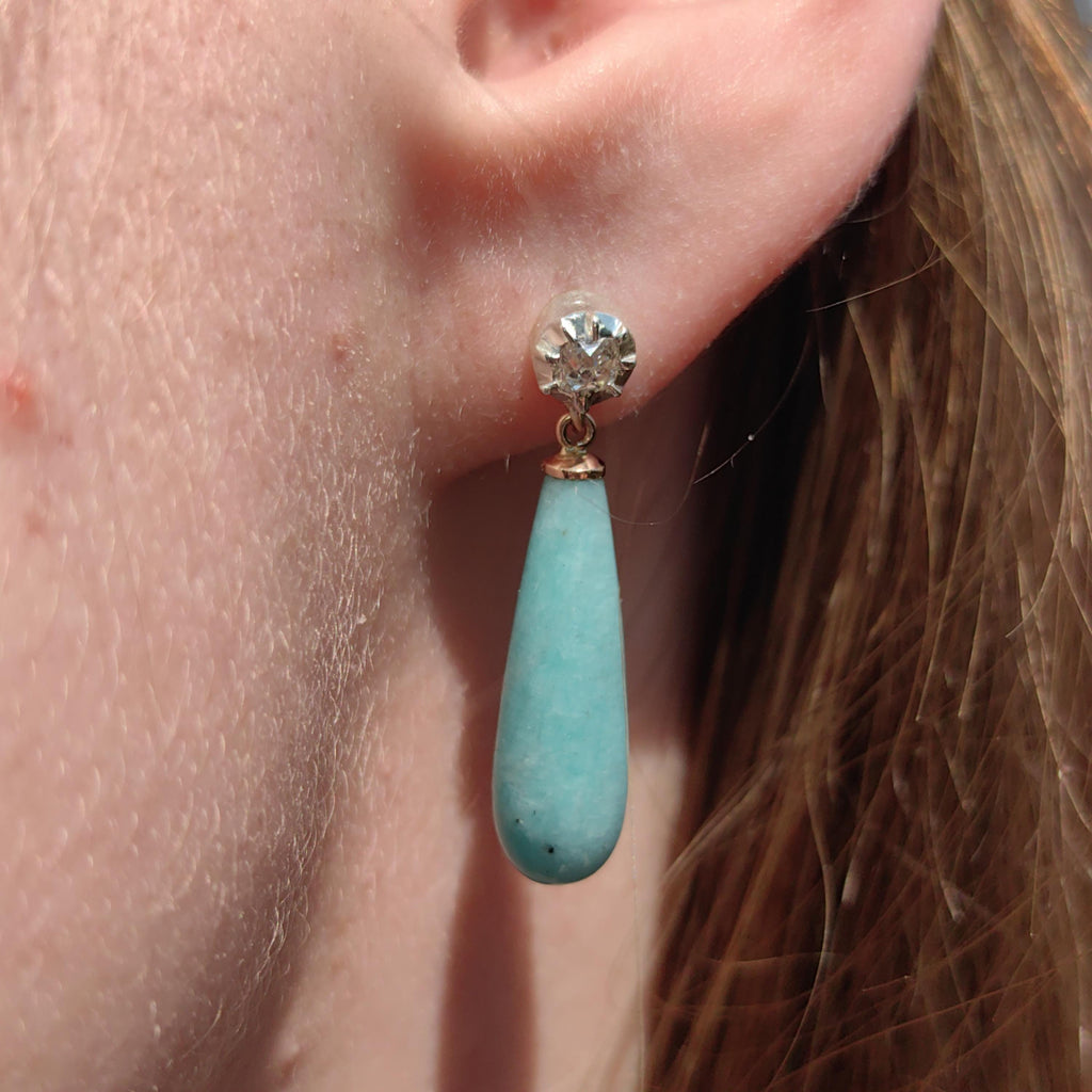 Victorian 1880s Blue Amazonite Diamond Solid 14k Gold Dangle Drop Statement Earrings Rose Cut Diamond Gift for Her Present