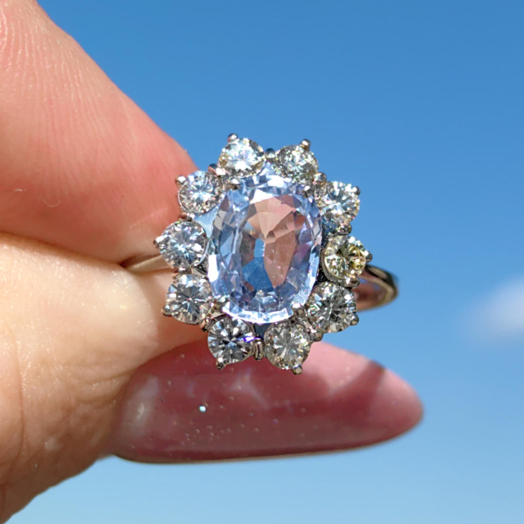 Mid Century Icy Cornflower Blue Sapphire Diamond Ring: 18k White Gold Diana Ring