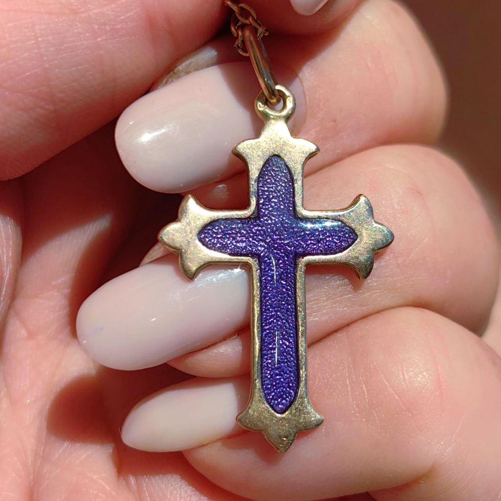 14k Yellow Rose Champagne Solid Gold Latin Cross  Catholic Pendant Blue Purple Enamel Christian Jewelry Gift Present