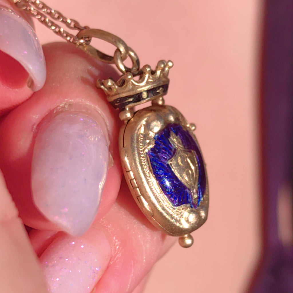 Victorian 18k Gold Blue Enamel Crown Locket Pendant: Hand Painted Antique