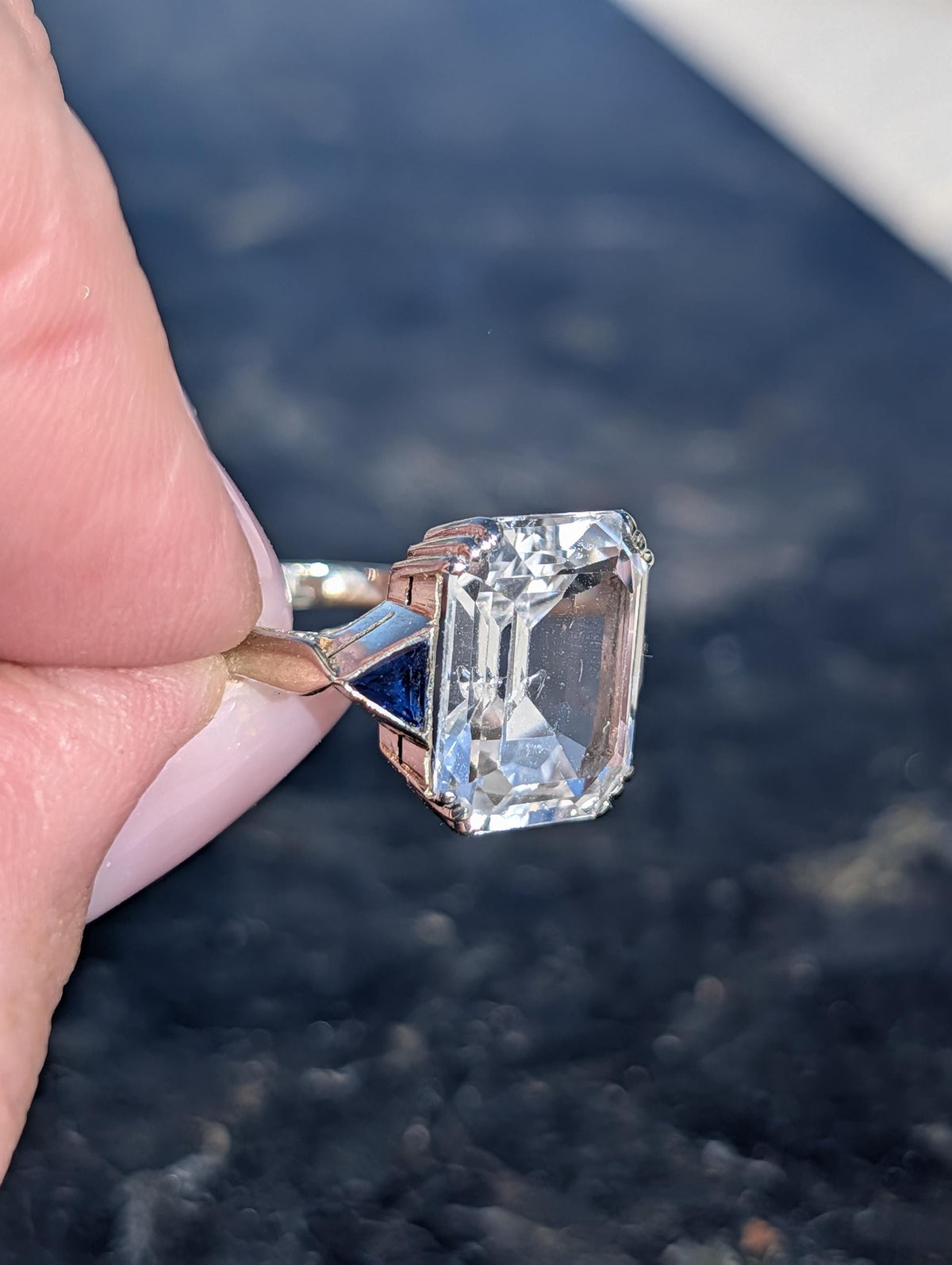 RESERVED!! French Art Deco Goshenite Sapphire Ring, 18k Gold Emerald Cut Beryl Cocktail Ring