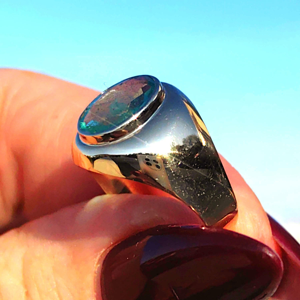 Emerald Hallmarked 14k 585 Hallmarked Solid Yellow Rose Champagne Gold Vintage 1930s Oval Natural Emerald Band Solitaire Ring Gift Present