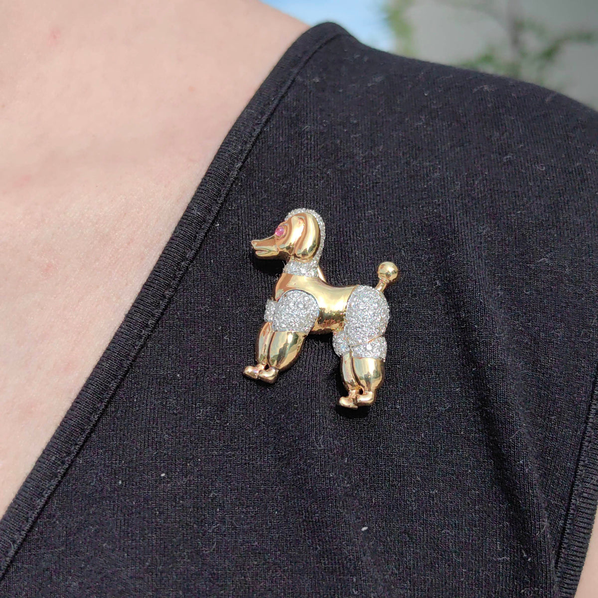 Vintage Antique 1960s Diamond & Ruby 18k Solid Hallmarked Yellow Gold Poodle Dog Cute Pet Elegant Retro Brooch Gift for her Present