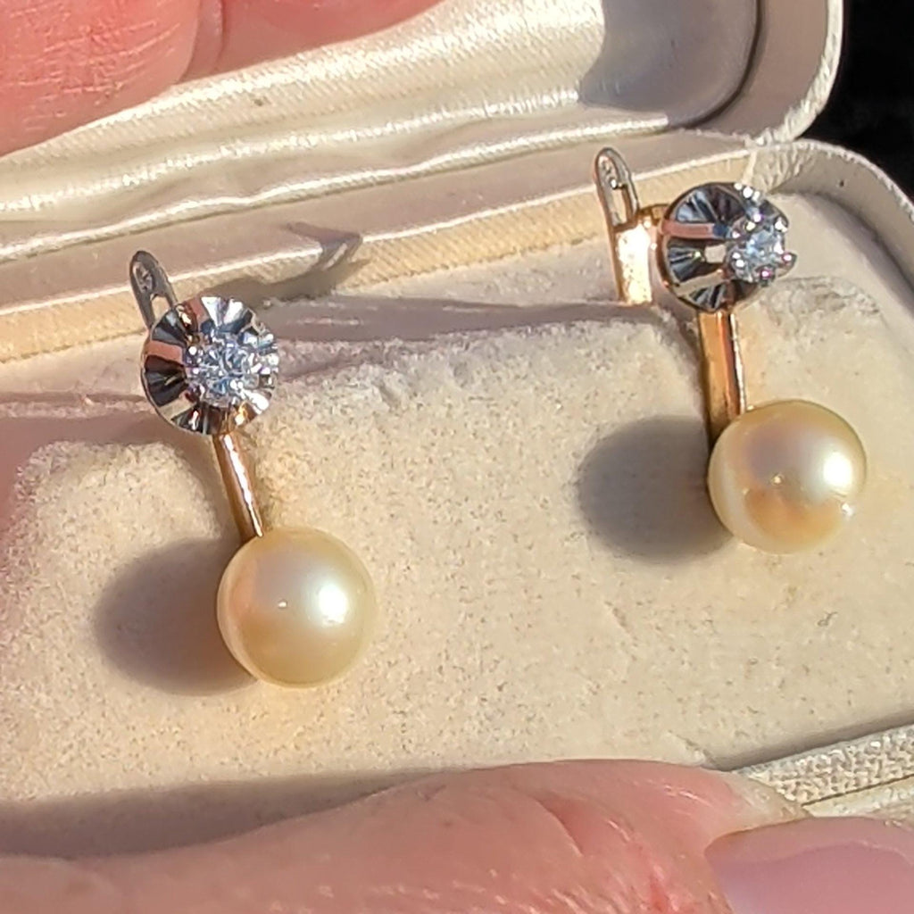 Natural Pearl and Diamond Solid 18k Solid Yellow Gold, Handmade Antique 1940s Elegant Earrings Gift for Her Present
