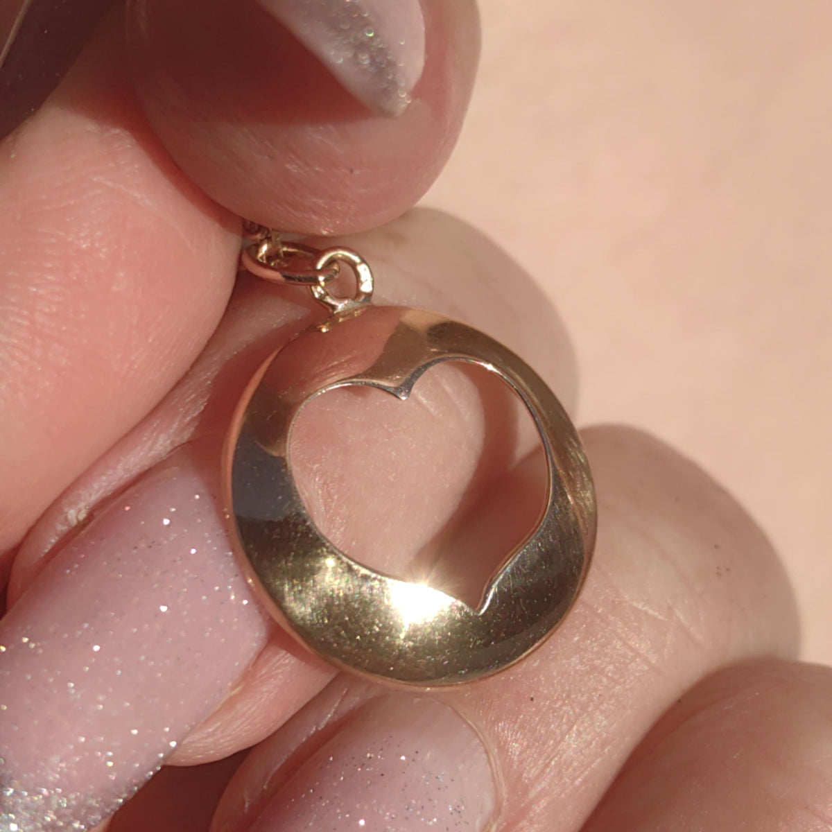 Solid 14k Yellow Gold  Hallmarked Heart Shaped Hole Romantic Love Gift Medal Pendant, curved heart gold frame love present for her Vintage