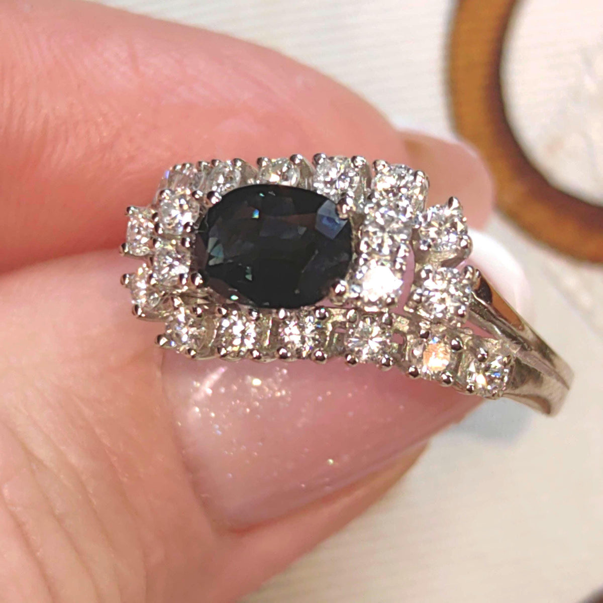 Vintage Mid-Century Sapphire Diamond Ring: 14k White Gold Engagement Ring