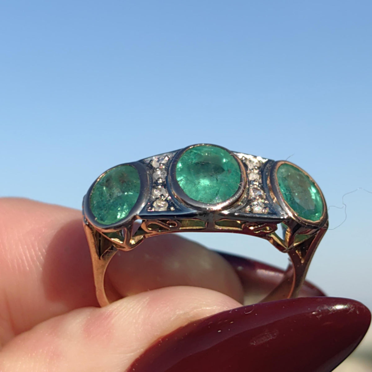 Original Art Deco 1930s Genuine not treated Emerald Three Stone Diamond White solid 14k Gold Chevalier Unisex Antique Vintage Ring