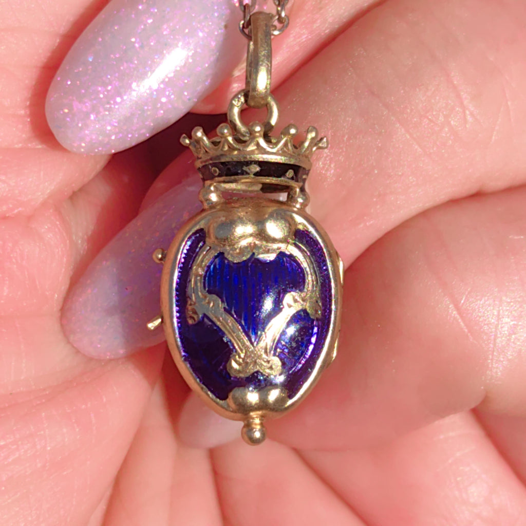 Victorian 18k Gold Blue Enamel Crown Locket Pendant: Hand Painted Antique