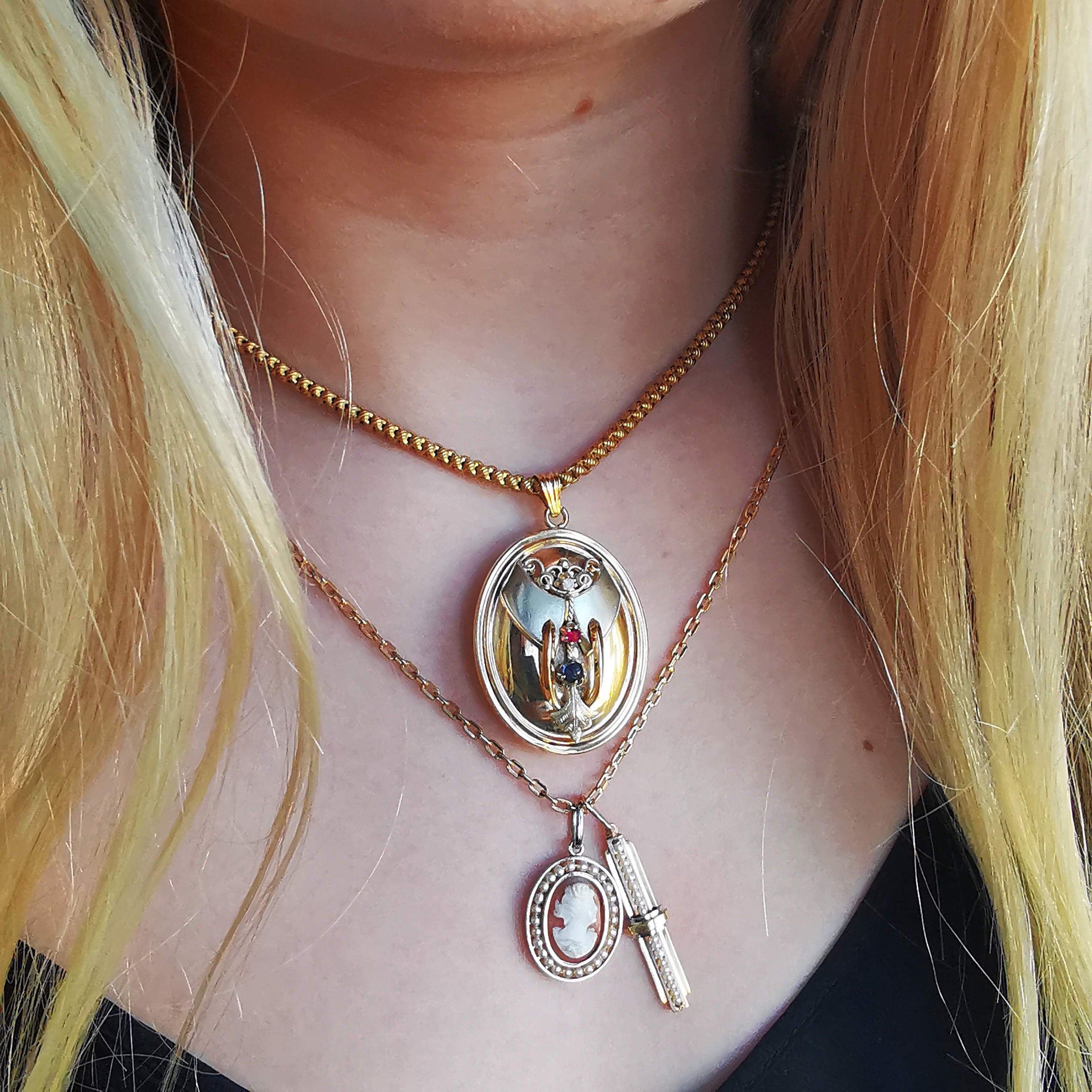 Victorian Gold Plated Silver Locket Pendant for two photos with artificial gems 1870s
