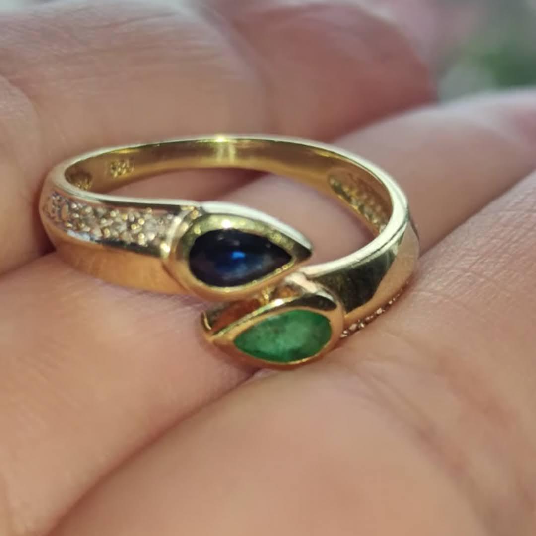 RESERVED for K.!!Vintage 14k Solid yellow Gold Natural green Emerald Blue Sapphire  Diamond Ring:Dainty Stackable Band Engagement Ring Gift