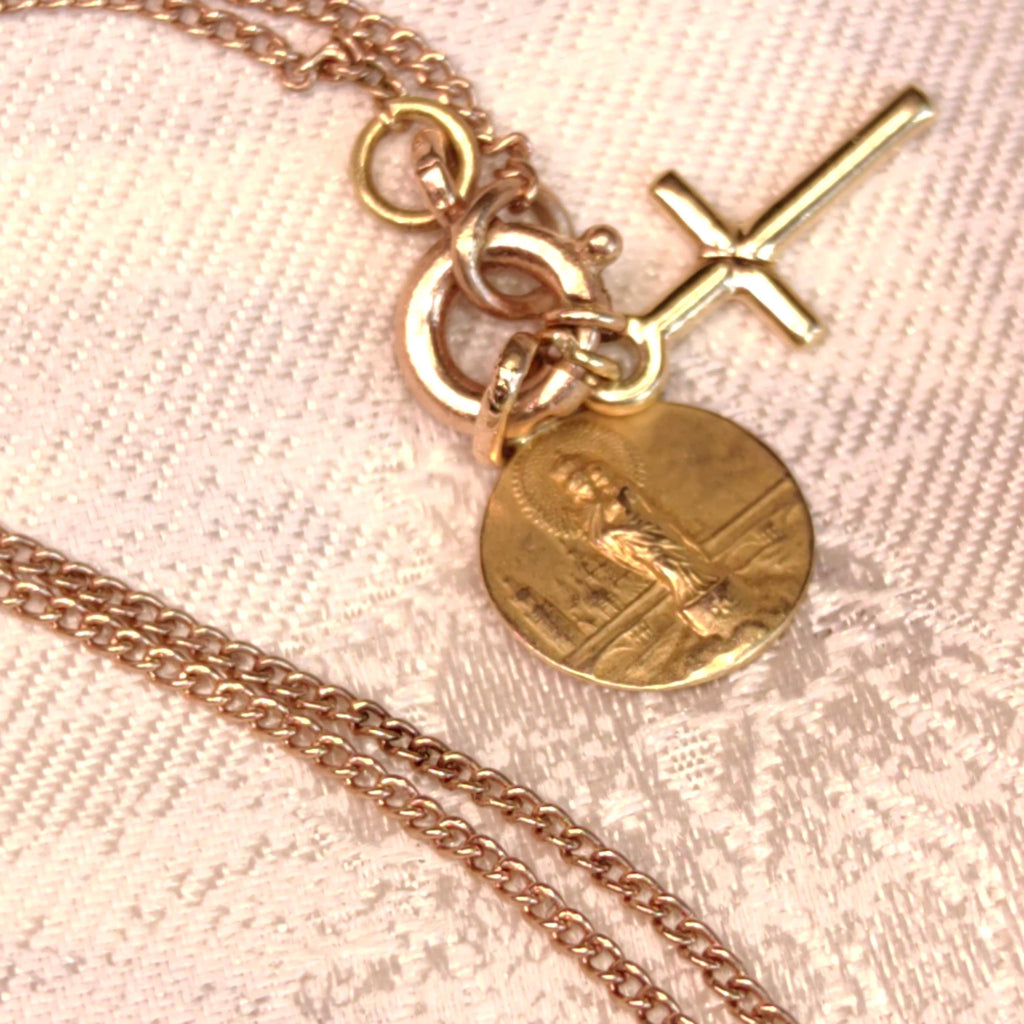 1900s Art Nouveau 14k Solid Yellow Rose Champagne Gold Chain Bracelet Madonna Virgin Mary Cross Christian Catholic Antique Vintage Charm