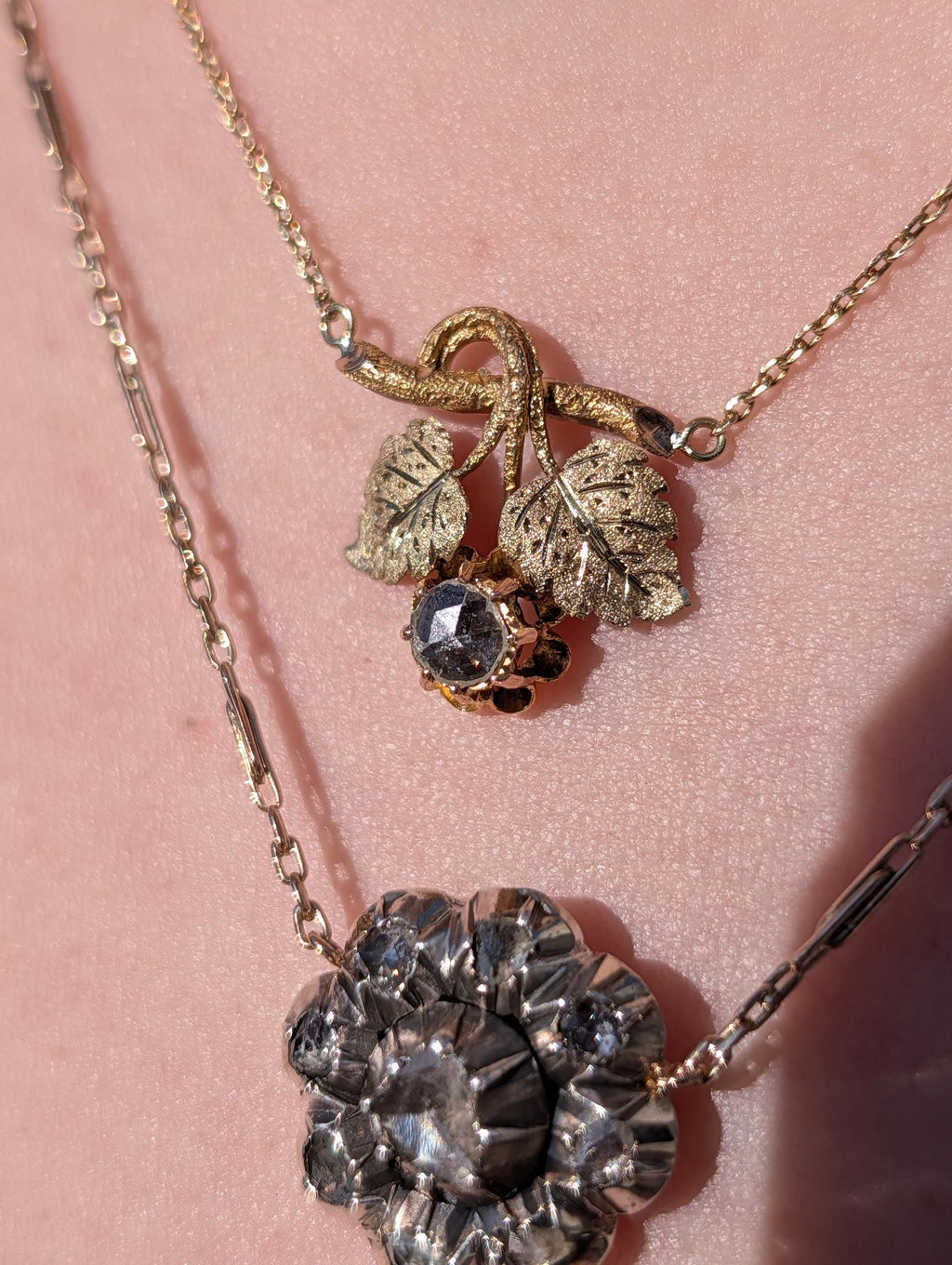 Antique Rose Cut Diamond Pendant Necklace 14k Yellow Rose Gold Silver Setting, Victorian 1880s Floral Romantic Gift for Her