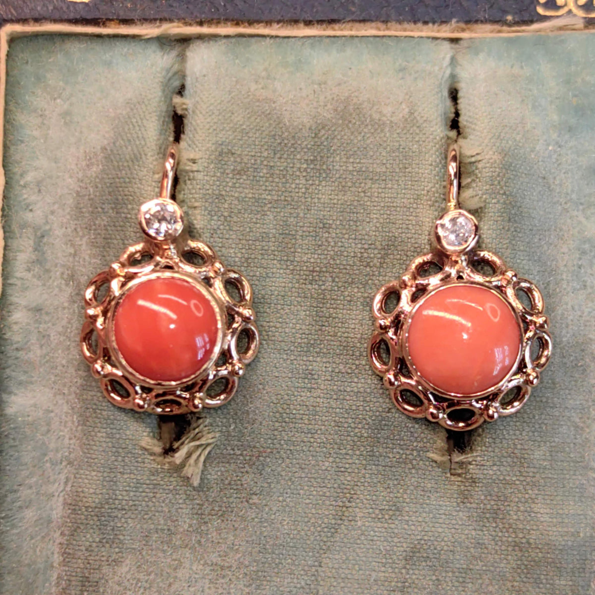 Art Deco 1940s Vintage 14k Champaign Gold Coral ball Rose cut Diamond Sleepers Earrings Lever Back safely everyday wear Gift for Her wife