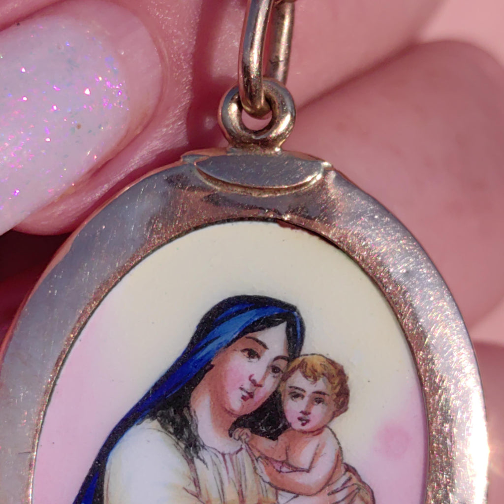 Antique 14k Gold Virgin Mary Pendant: Hand-Painted Enamel Art Nouveau