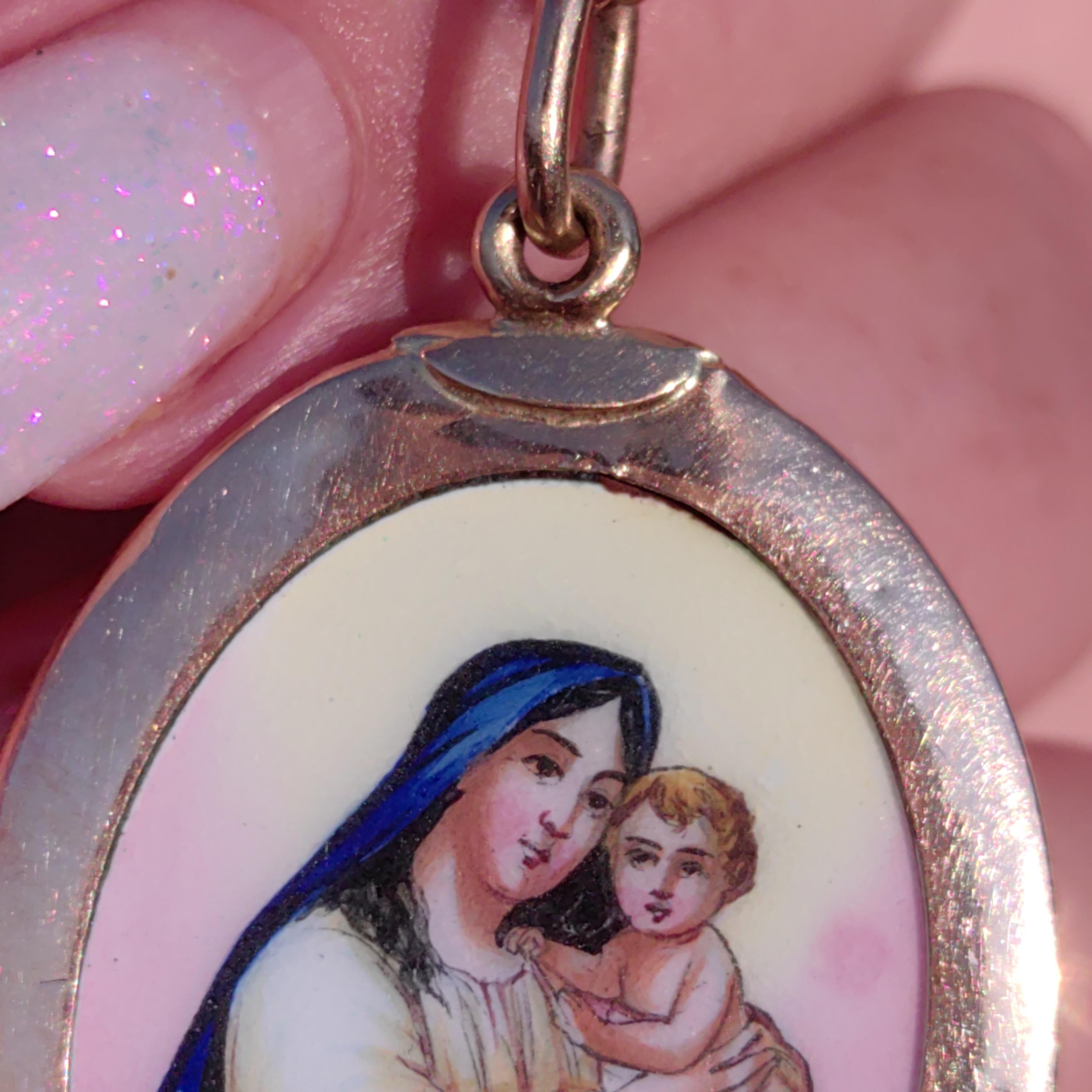 Antique 14k Gold Virgin Mary Pendant: Hand-Painted Enamel Art Nouveau