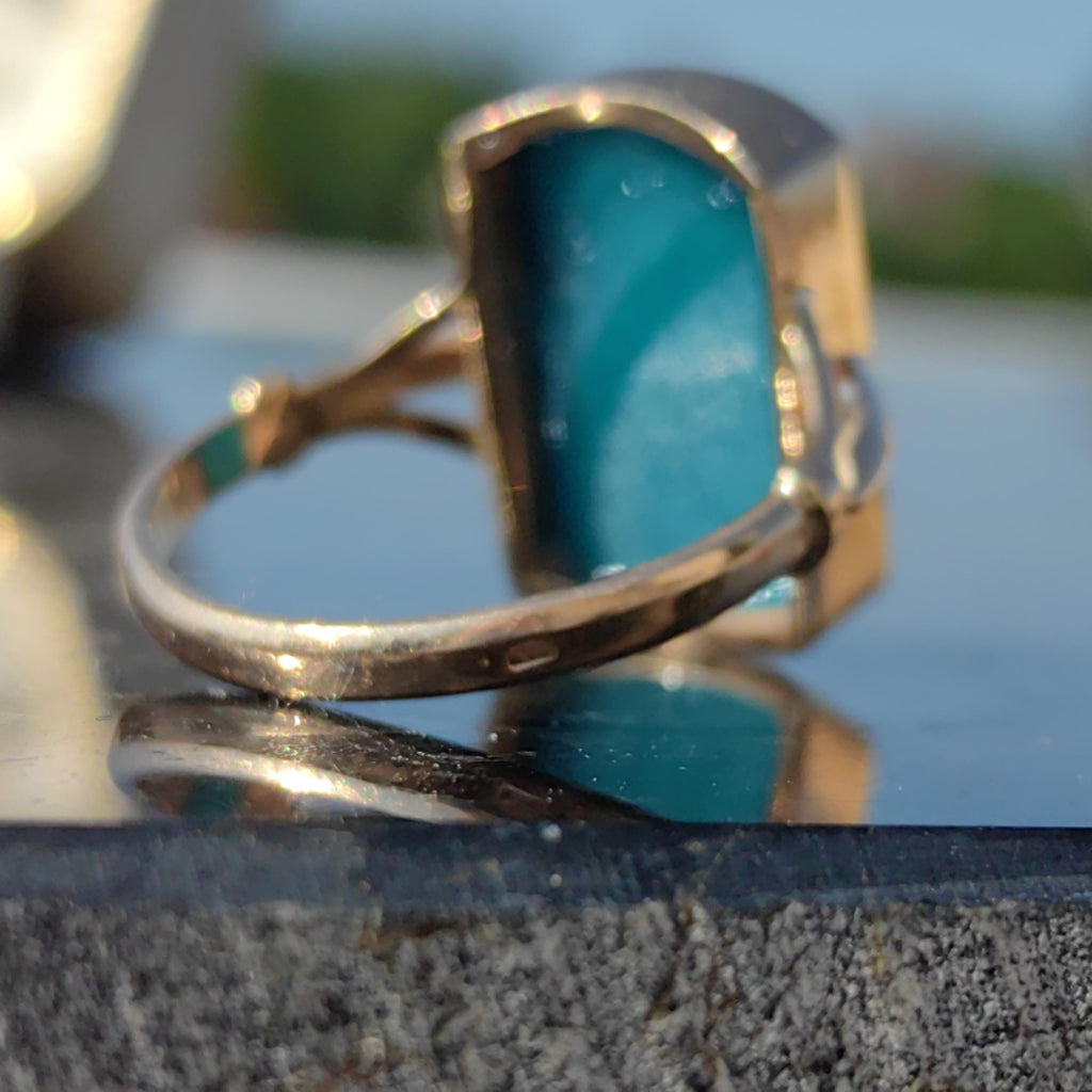 Vintage 14k Solid Yellow Gold Blue Turquoise Square Ring Antique Art Deco 1920s Gift for Her Elegant Present