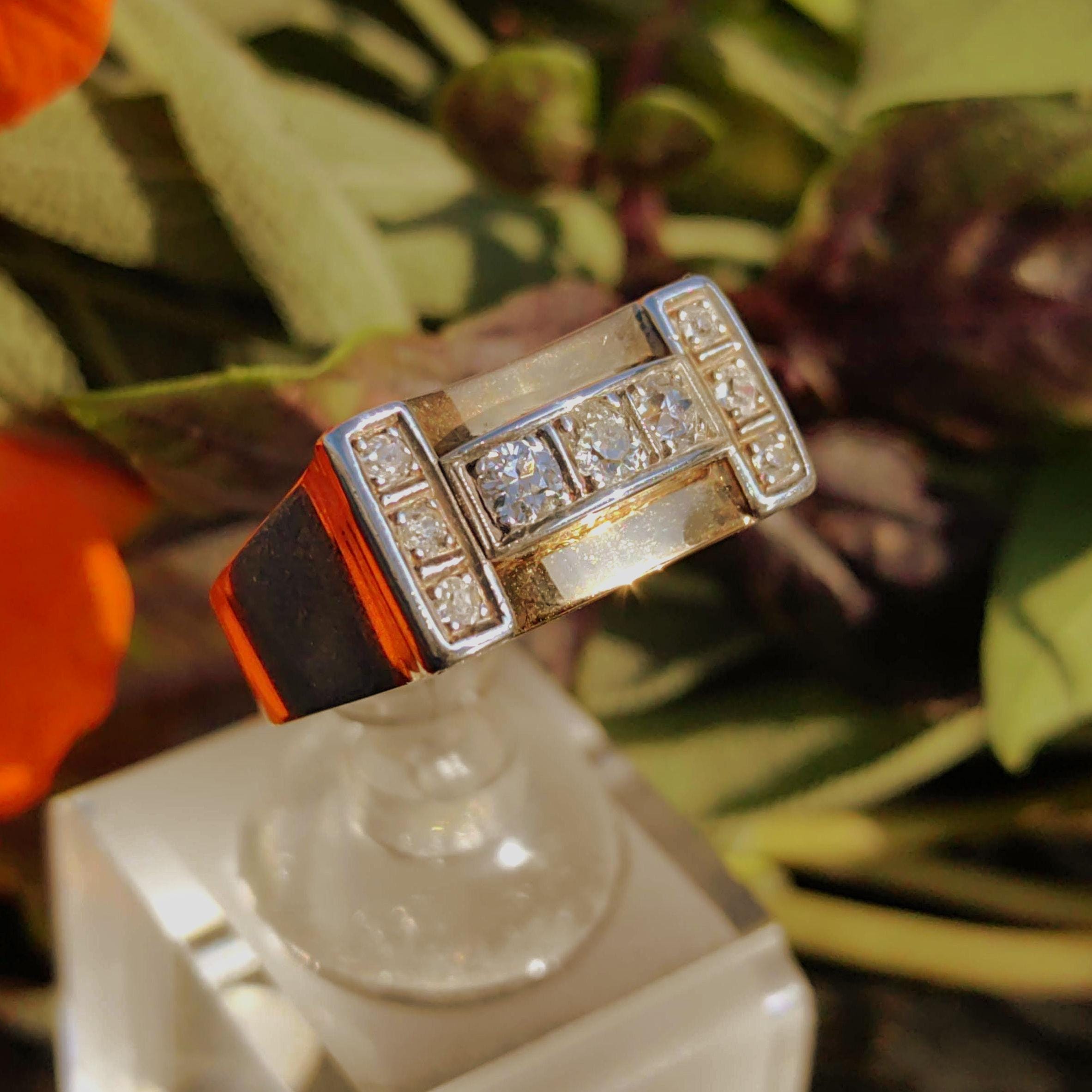 Art Deco 1920s Vintage Diamond 14k Solid Yellow Gold Unisex Chevalier Large Antique Statement Ring Gift Present