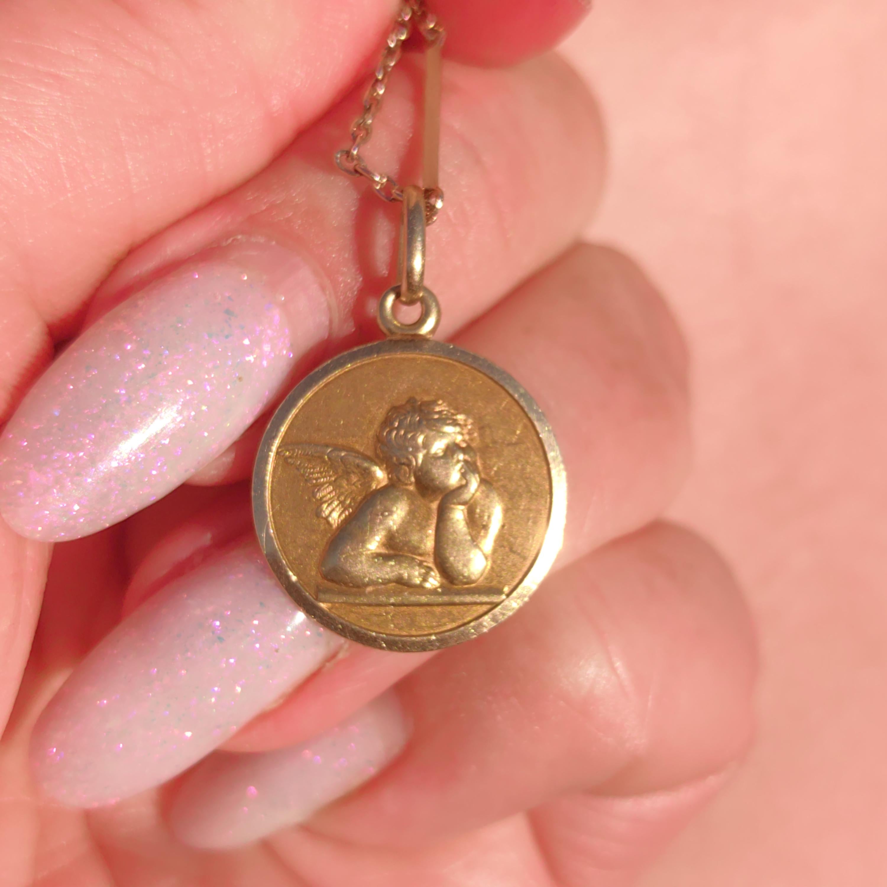 Vintage 18k Gold Cupid Angel Pendant: Religious Catholic Charm