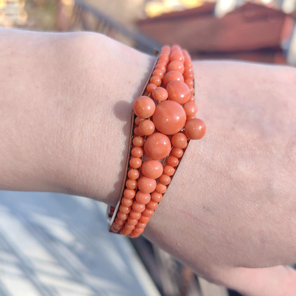 Victorian Coral Bracelet Gold Plated Silver Hinged Bangle Antique Coral Bead Statement Jewelry US Duty Free HTS 9706