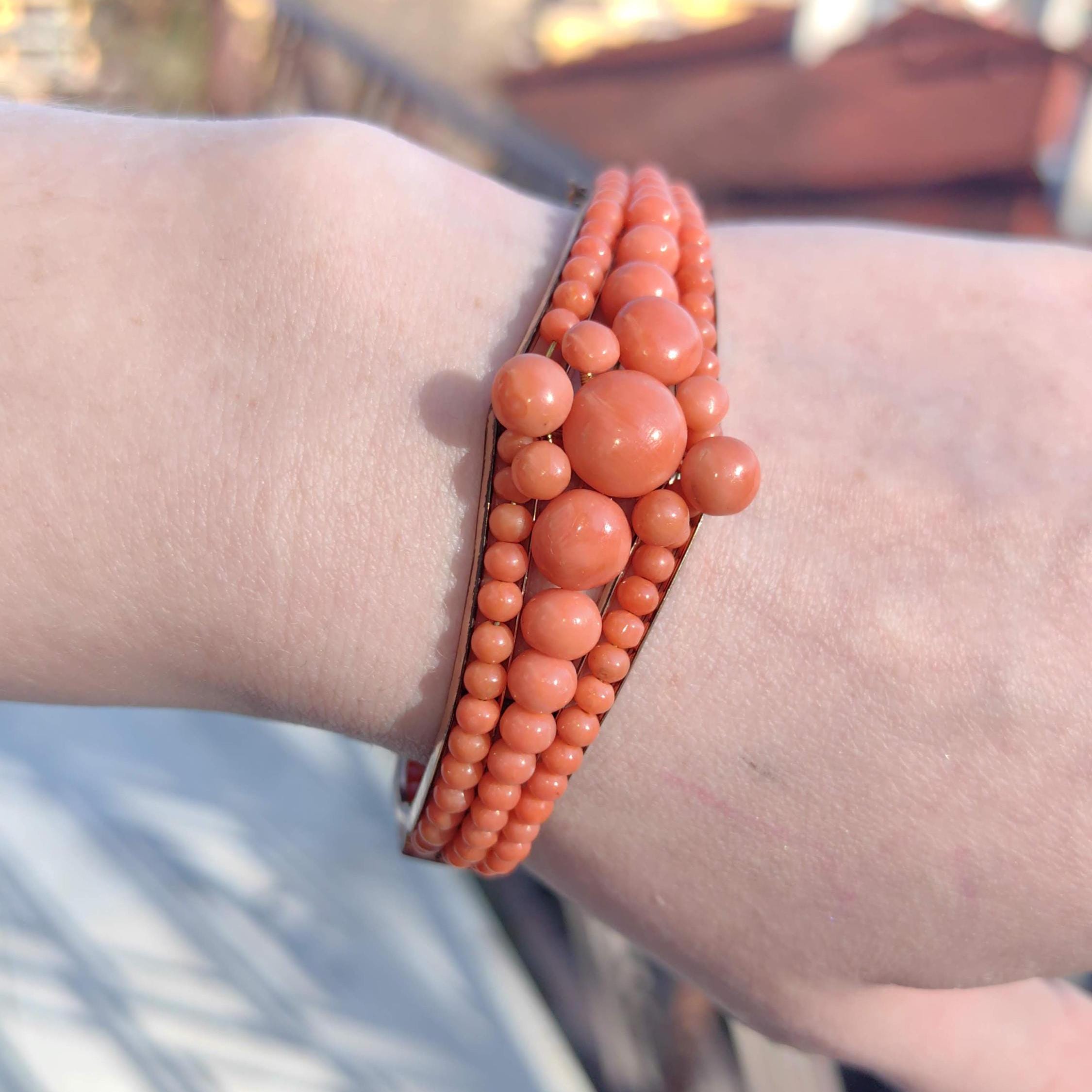 Victorian Coral Bracelet Gold Plated Silver Hinged Bangle Antique Coral Bead Statement Jewelry US Duty Free HTS 9706