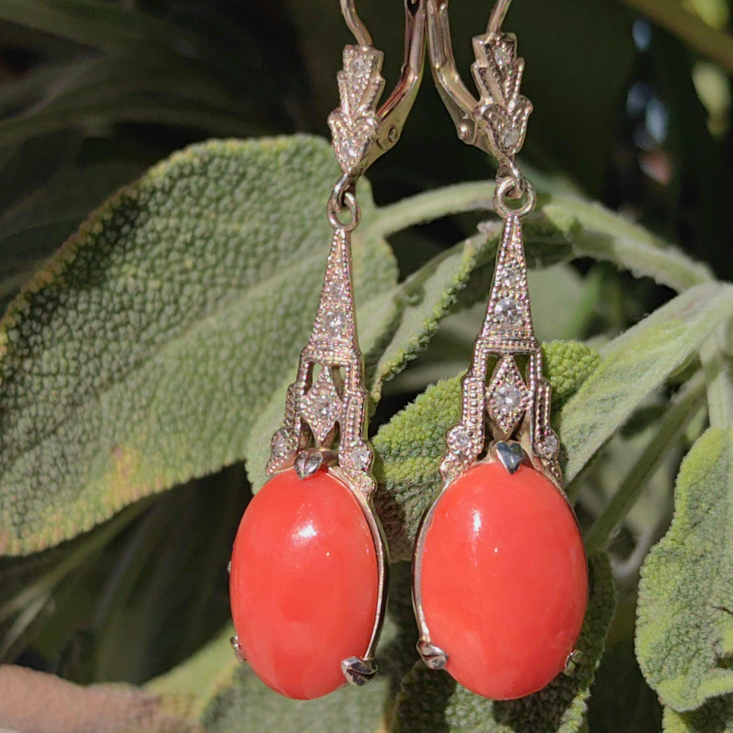 Art Deco Coral Diamond Earrings: 14k Yellow Gold Dangle Earrings