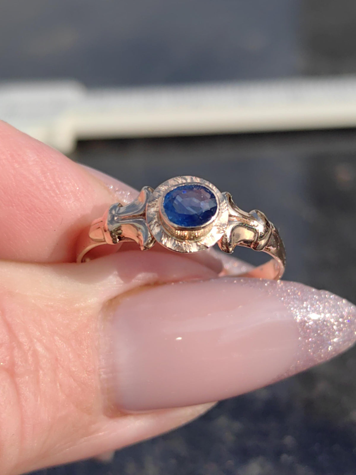 Art Nouveau Sapphire Ring Solid Yellow Rose Gold Antique 1900s