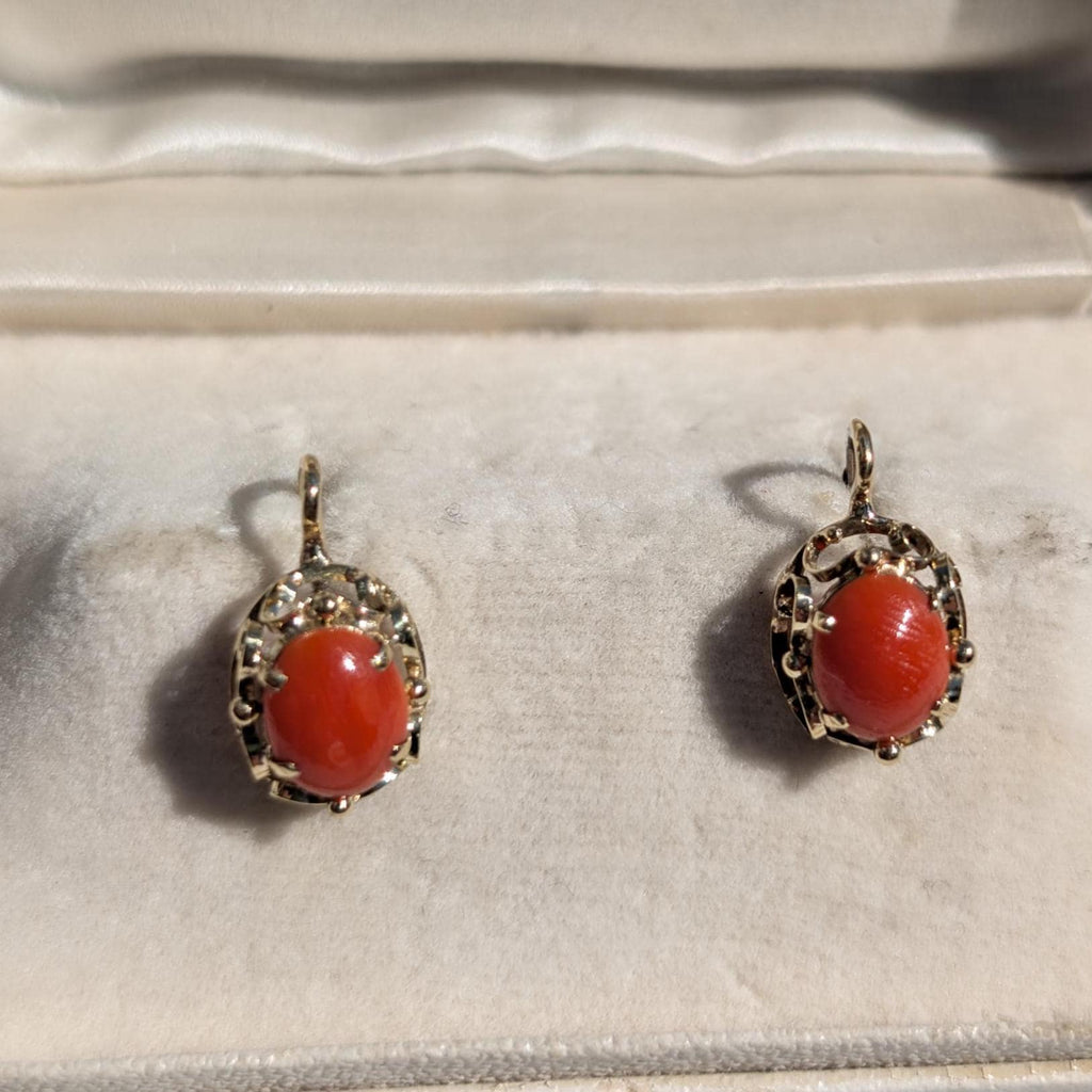 Victorian 1900s 14k Yellow Gold Coral Sleeper Earrings, Antique Oval Red Coral Lever Back Earrings, 9x15mm Art Nouveau US Duty Free HTS 9706