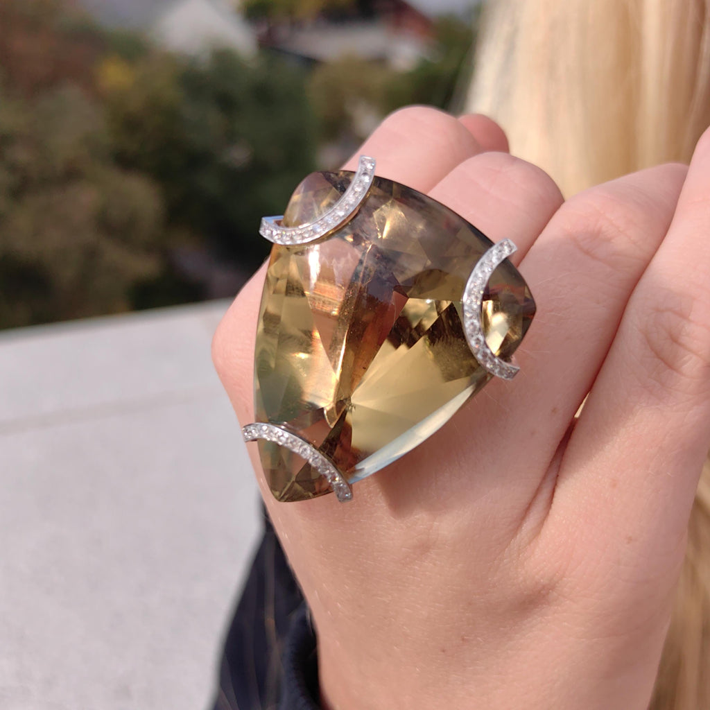 Large Smokey Quartz Statement Ring 14K Gold Vintage Bold Cocktail Ring Yellow Rose Gold Massive Gemstone Ring Gift for Her