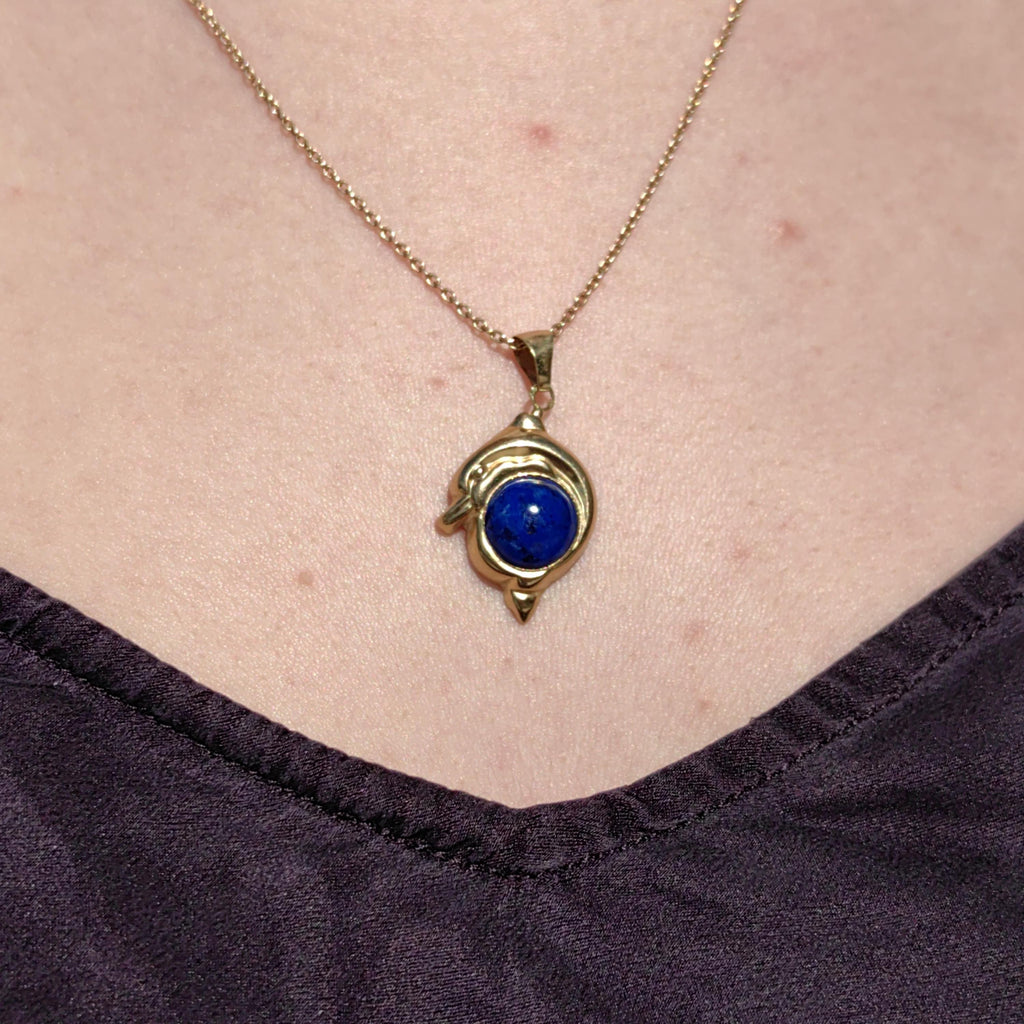 Lapis Lazuli Dolphin Pendant: 14k Yellow Gold Vintage Charm