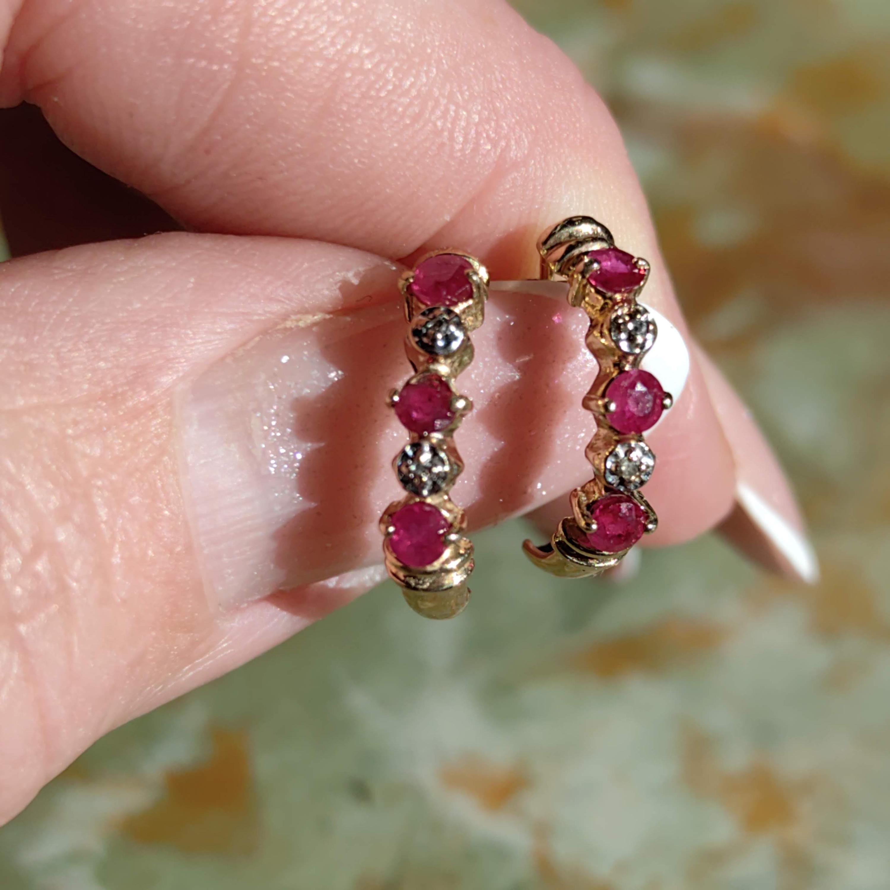 Vintage 14k Yellow Gold Ruby & Diamond Hoop Earrings