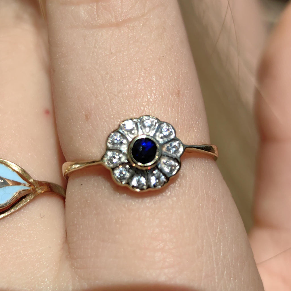 Mid-Century Sapphire Diamond Ring: 14k Gold Floral Engagement Ring, Size 8