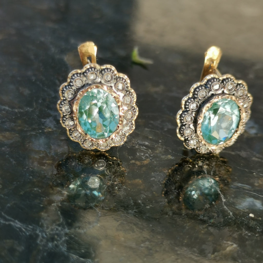 Vintage 1940s Aquamarine Diamond Earrings: 19.2k Gold & Silver Studs
