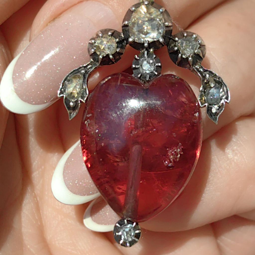 Victorian Red Rubellite Tourmaline Rose Diamond Heart Gothic Pendant 14k Solid Gold Silver Setting Charm Gift Present