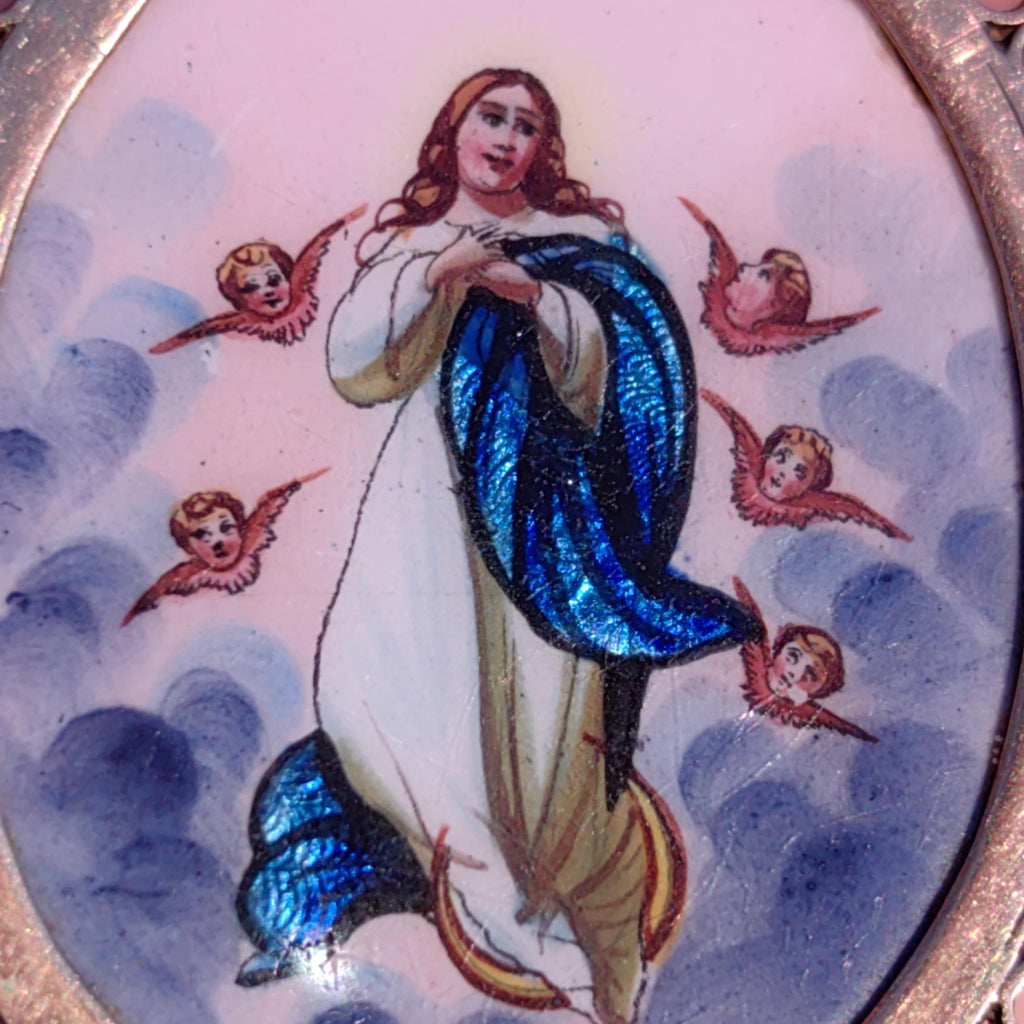 Antique Enamel Virgin Mary Pendant: 14K Gold Art Nouveau Religious Charm