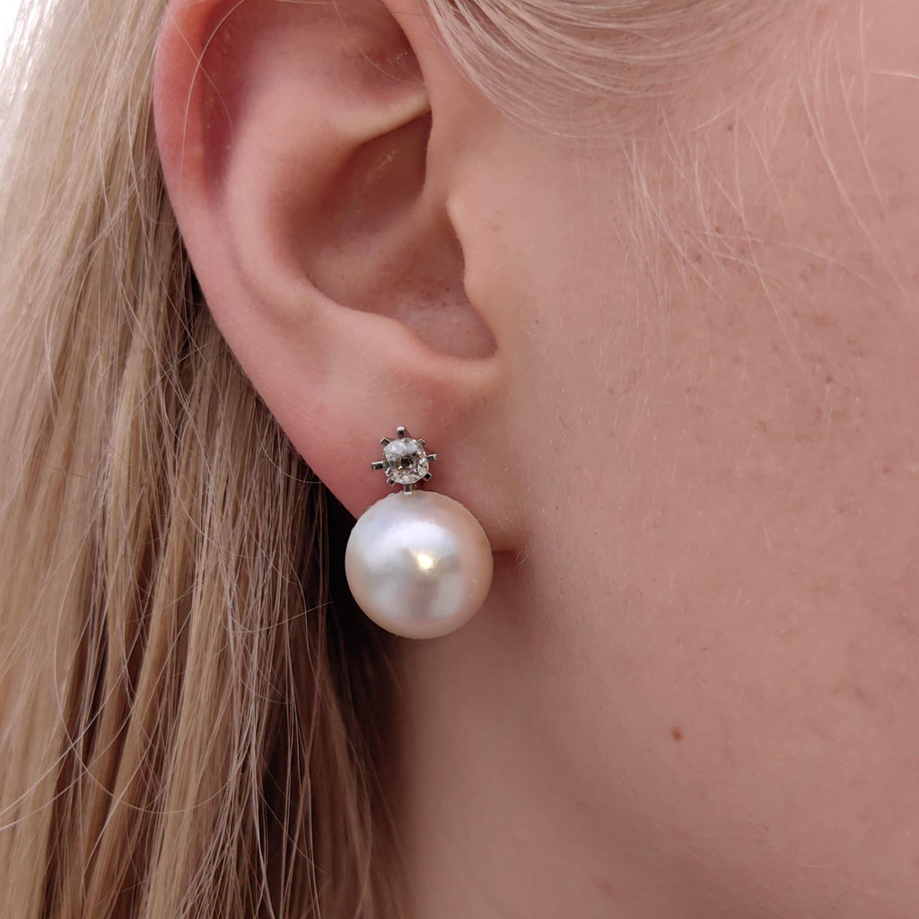 1930s Art Deco Maube Pearl Earrings: 0.74 ct Diamond, 18k White Gold