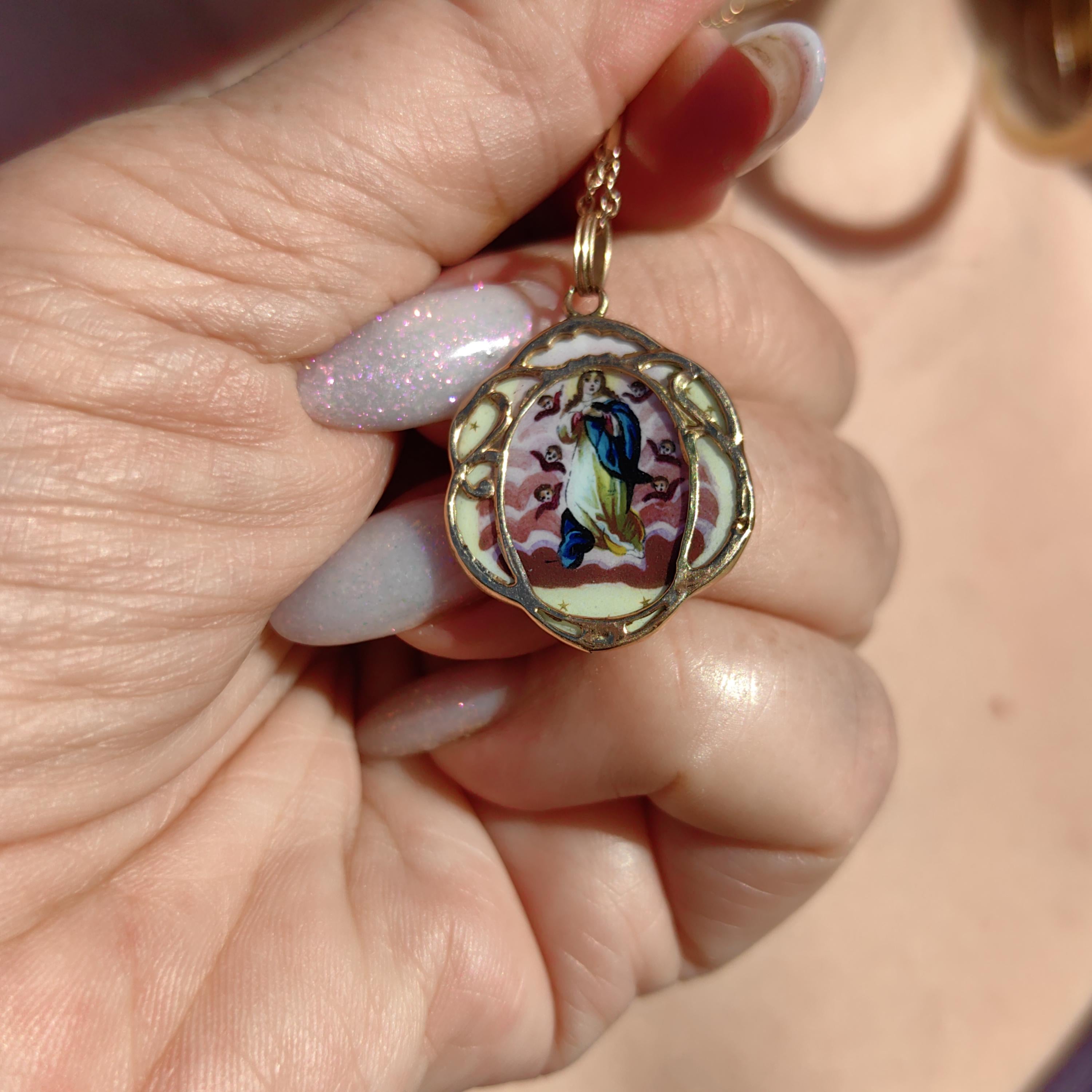 1900s Antique Vintage Virgin Mary Madonna Pendant 14K Solid Yellow Gold Medal Hand Painted Fire Enamel  Catholic Hungarian Christian Pendant