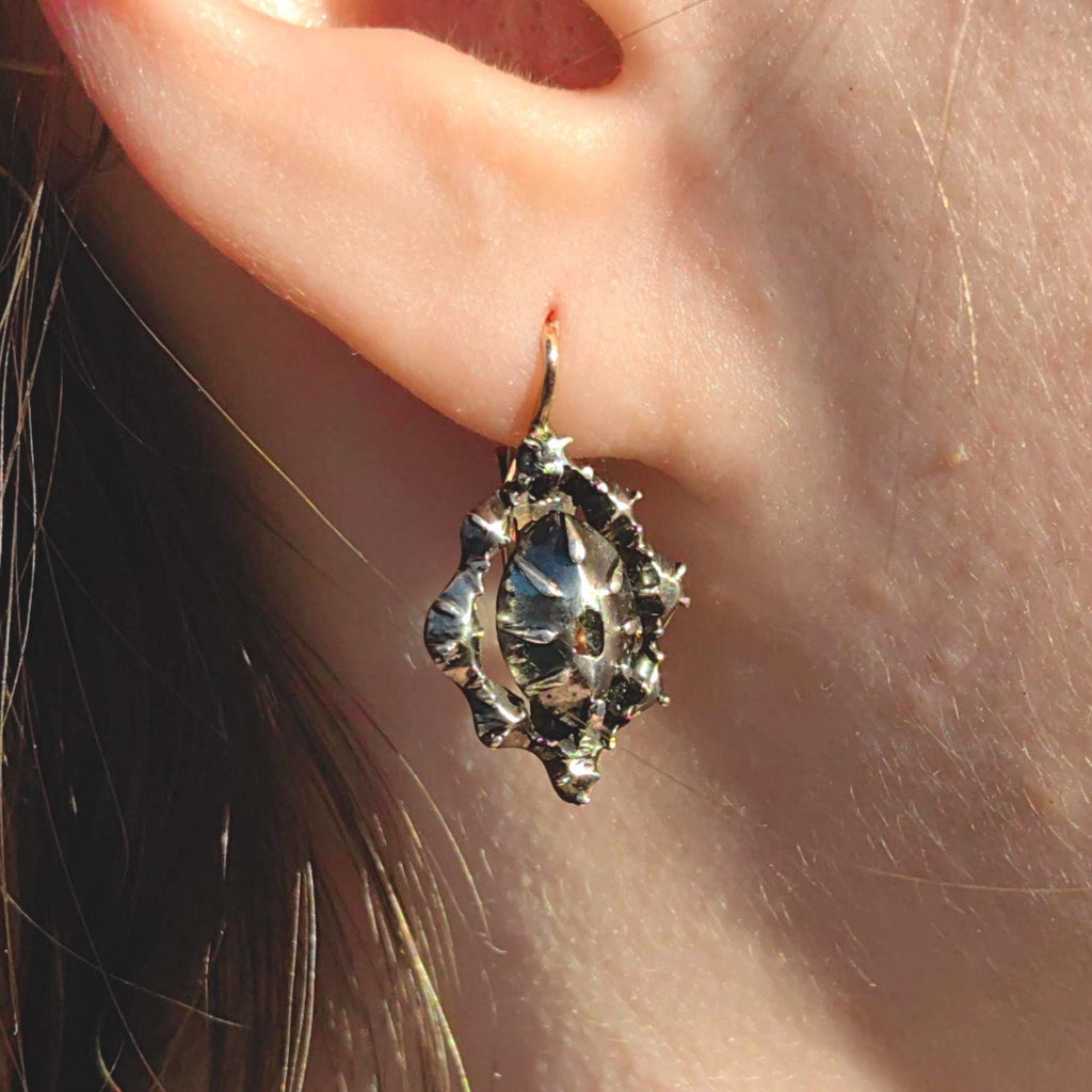 Baroque Diamond Earrings: Victorian 14K Gold & Silver Dormeuses