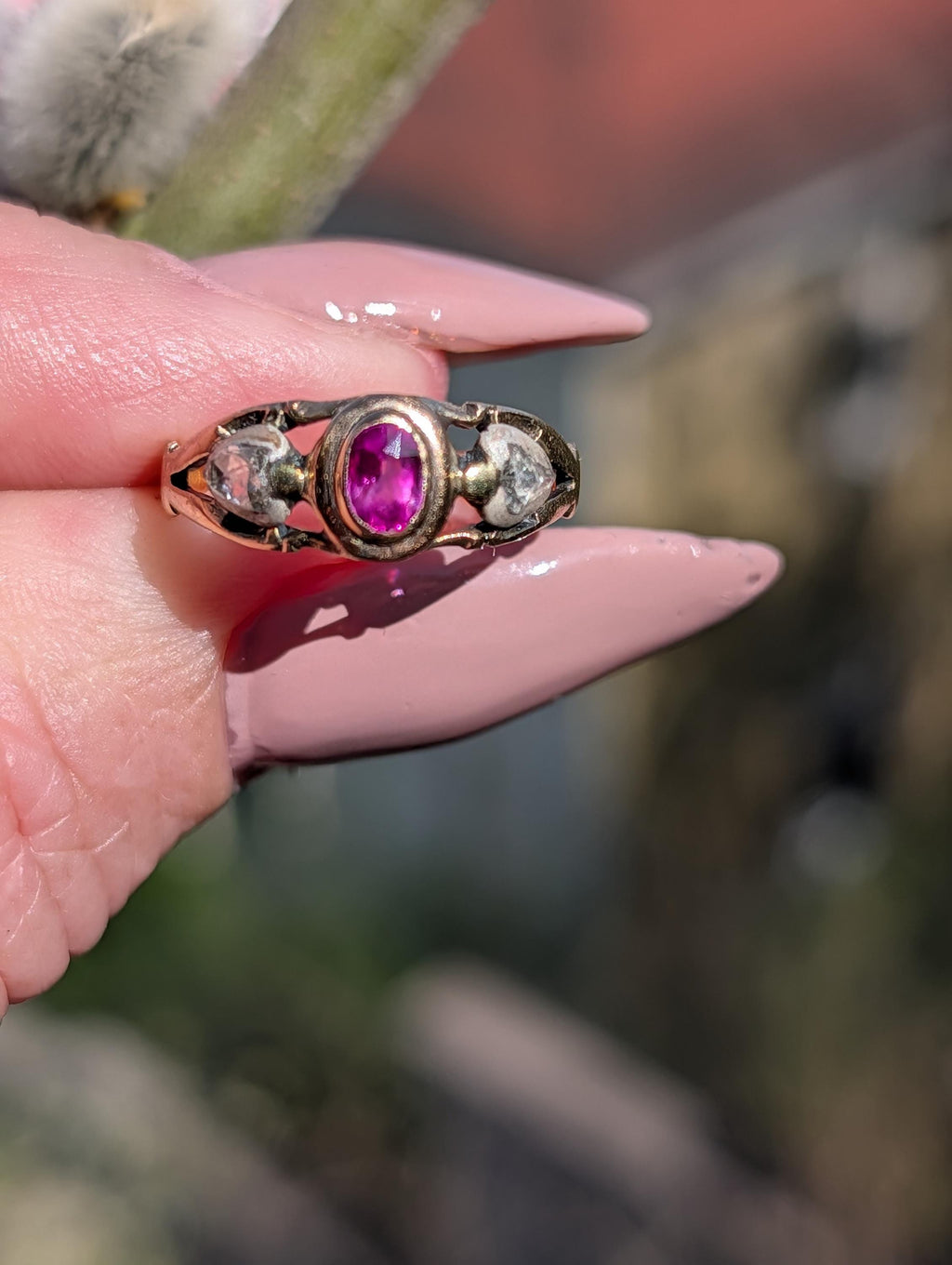 Victorian Ruby Rose Cut Diamond Ring 14k Yellow Rose Champagne Gold Silver, Antique 1890s Gypsy Alliance Band Engagement Gift for Her