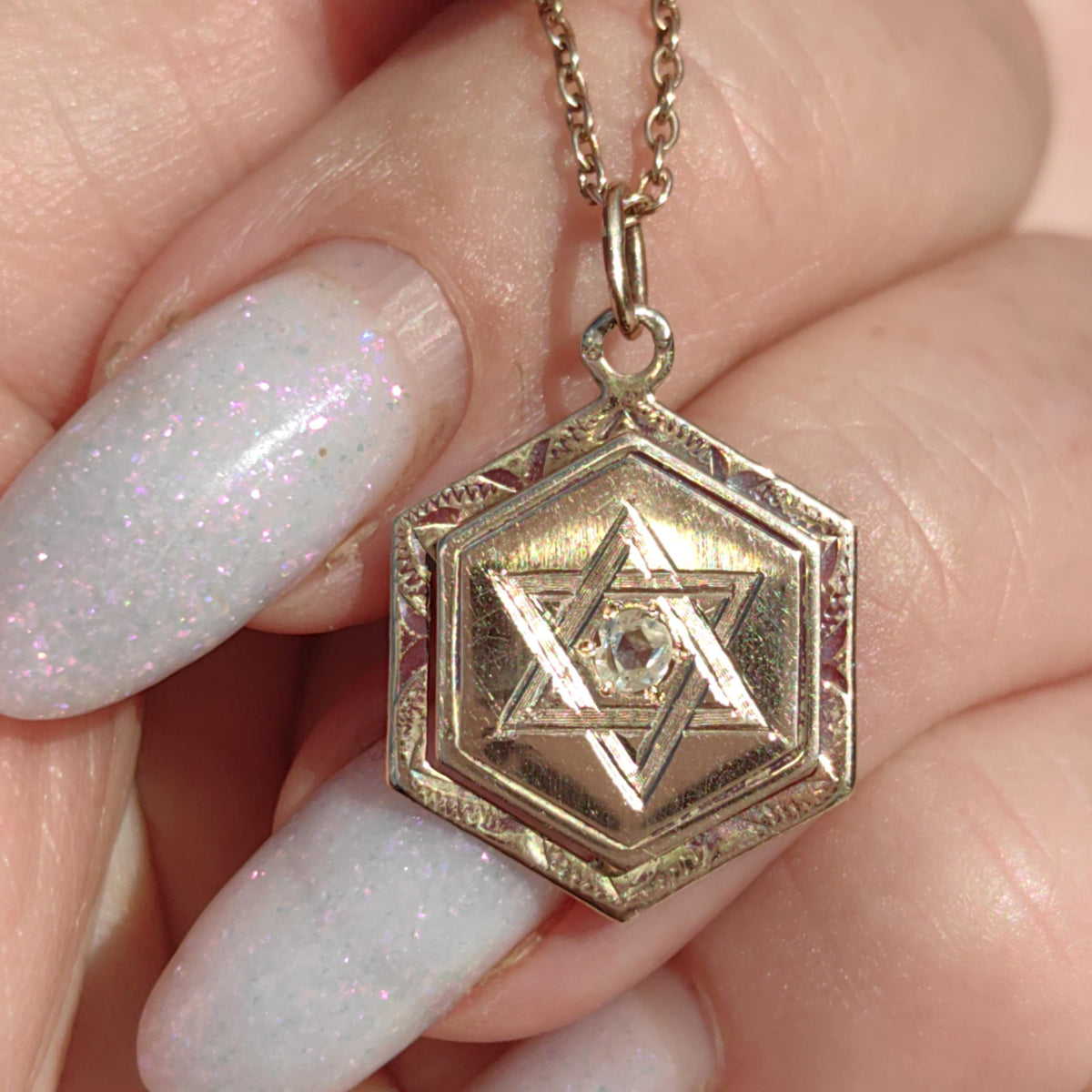 Diamond 14k Solid Yellow Gold Davids Star Jewish Judaica Vintage Antique Elegant Hand Carved Chiseled Pendant Charm Gift for Her