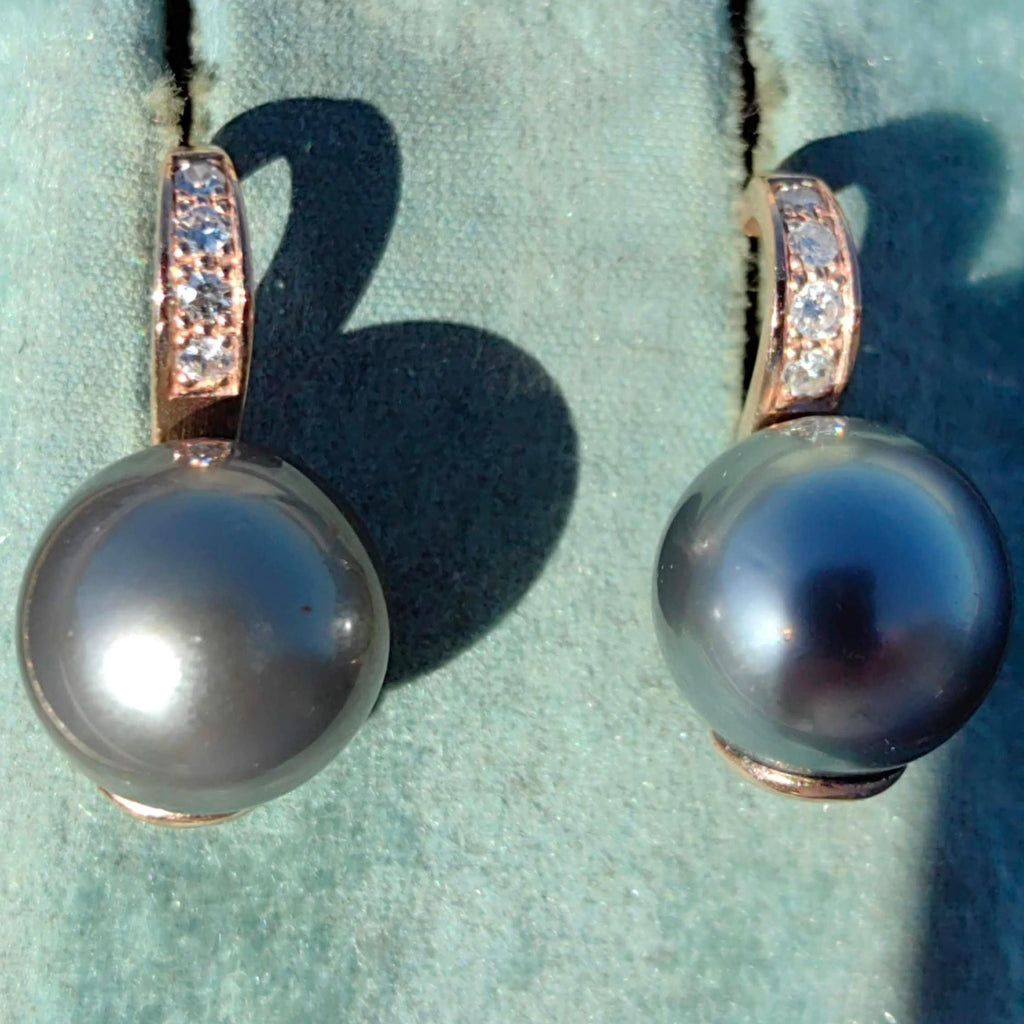 Vintage 15mmTahitian Cultured Franch Polinesia Pearl Diamond 14K Solid Gold Stud Earrings