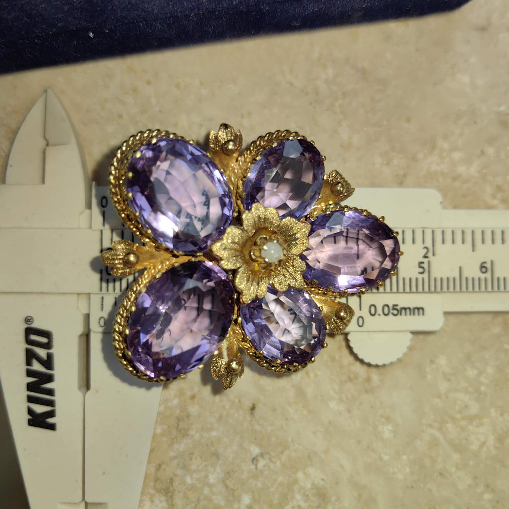 Victorian Amethyst Pearl Floral Pendant Brooch, Gold Plated Silver (1880s)