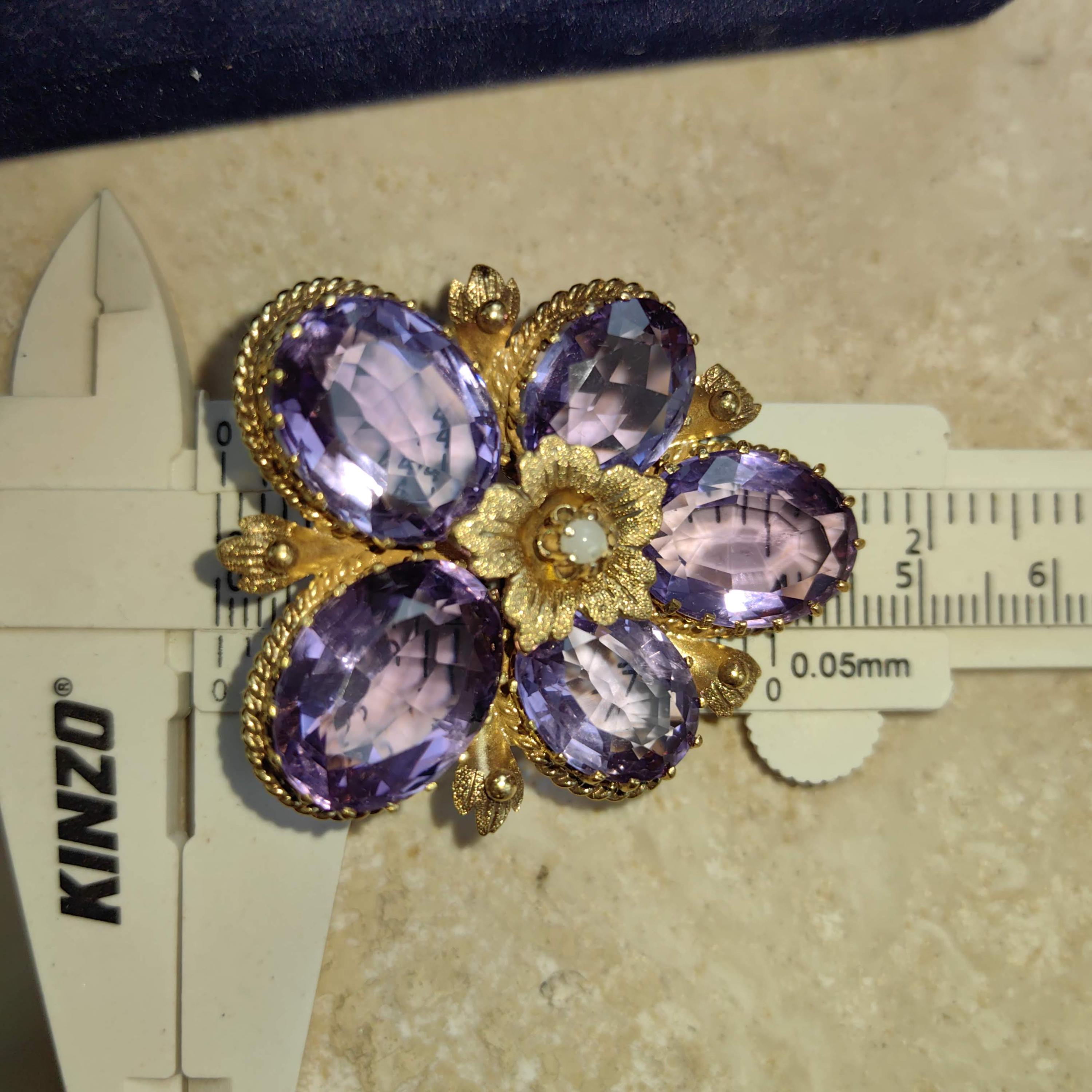 Victorian Amethyst Pearl Floral Pendant Brooch, Gold Plated Silver (1880s)