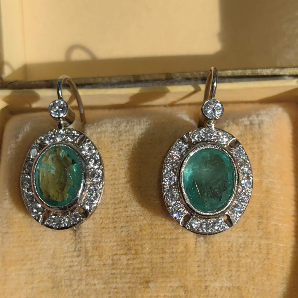 Mid Century 1950s Genuine High Quality Green Emeralds and Diamond Earrings  14k Solid White Gold Sleepers Dangle Earrings gift for her
