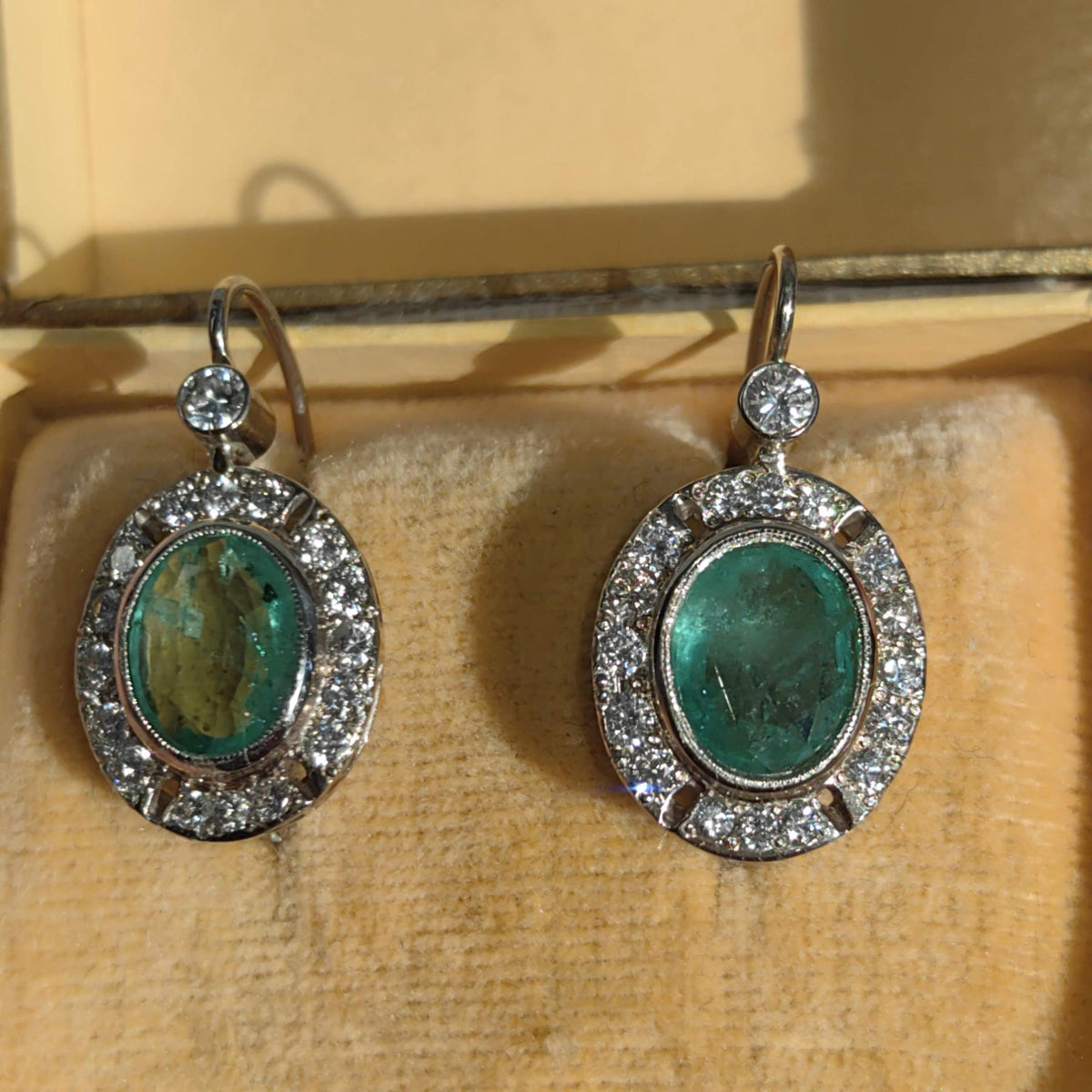 Mid Century 1950s Genuine High Quality Green Emeralds and Diamond Earrings  14k Solid White Gold Sleepers Dangle Earrings gift for her